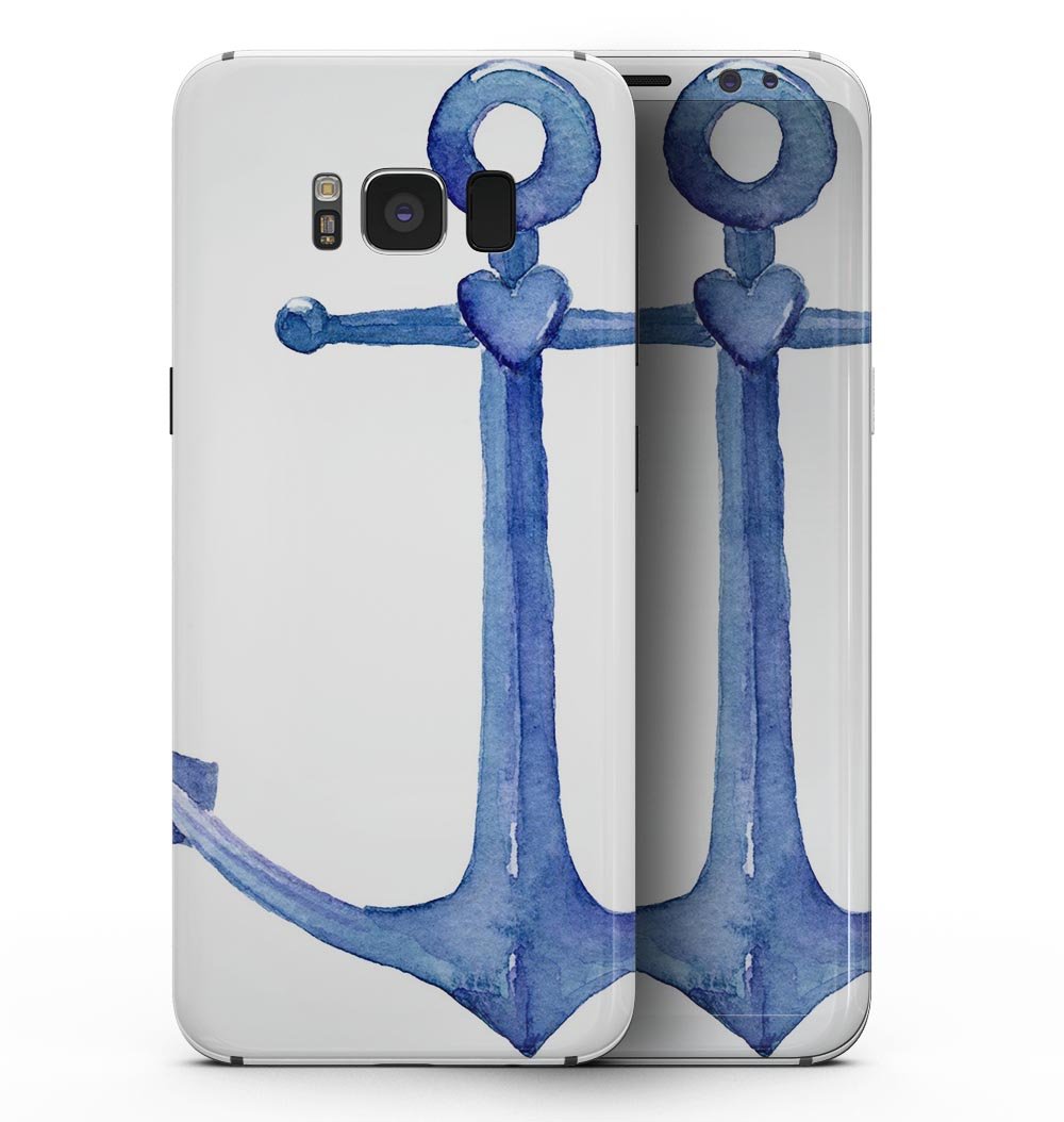 Deep Blue Watercolor Heart Anchor skin for Samsung Galaxy S8, showcasing vibrant colors and intricate design.