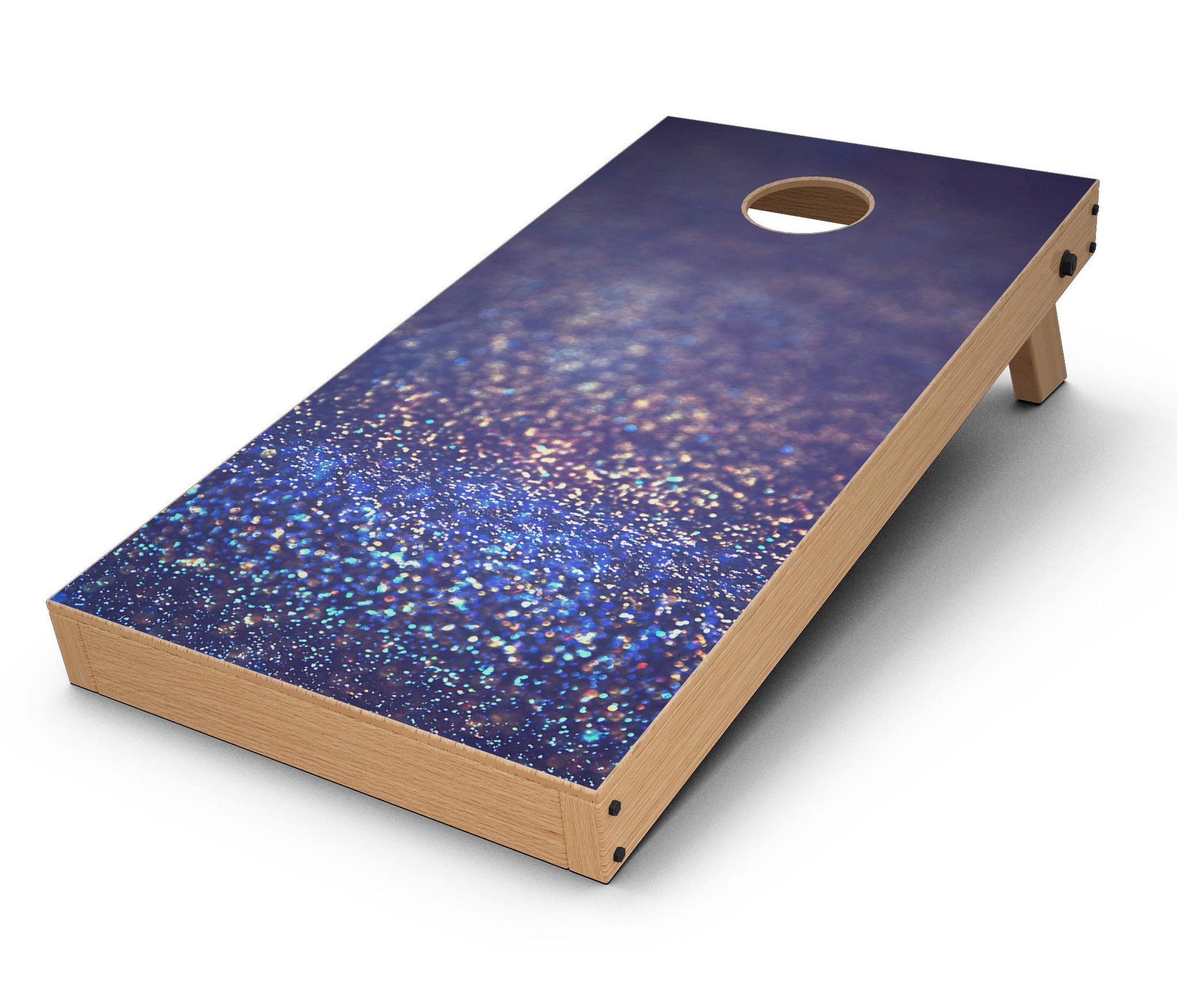 Deep Blue Cornhole Board Skin Decal featuring Gold Shimmering Orbs of Light, designed for easy application and customization.