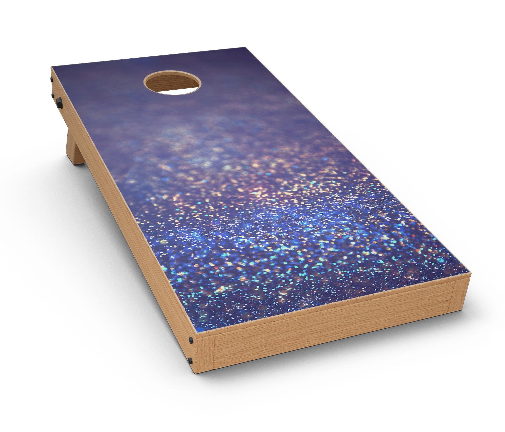 Deep Blue Cornhole Board Skin Decal featuring Gold Shimmering Orbs of Light, designed for easy application and customization.