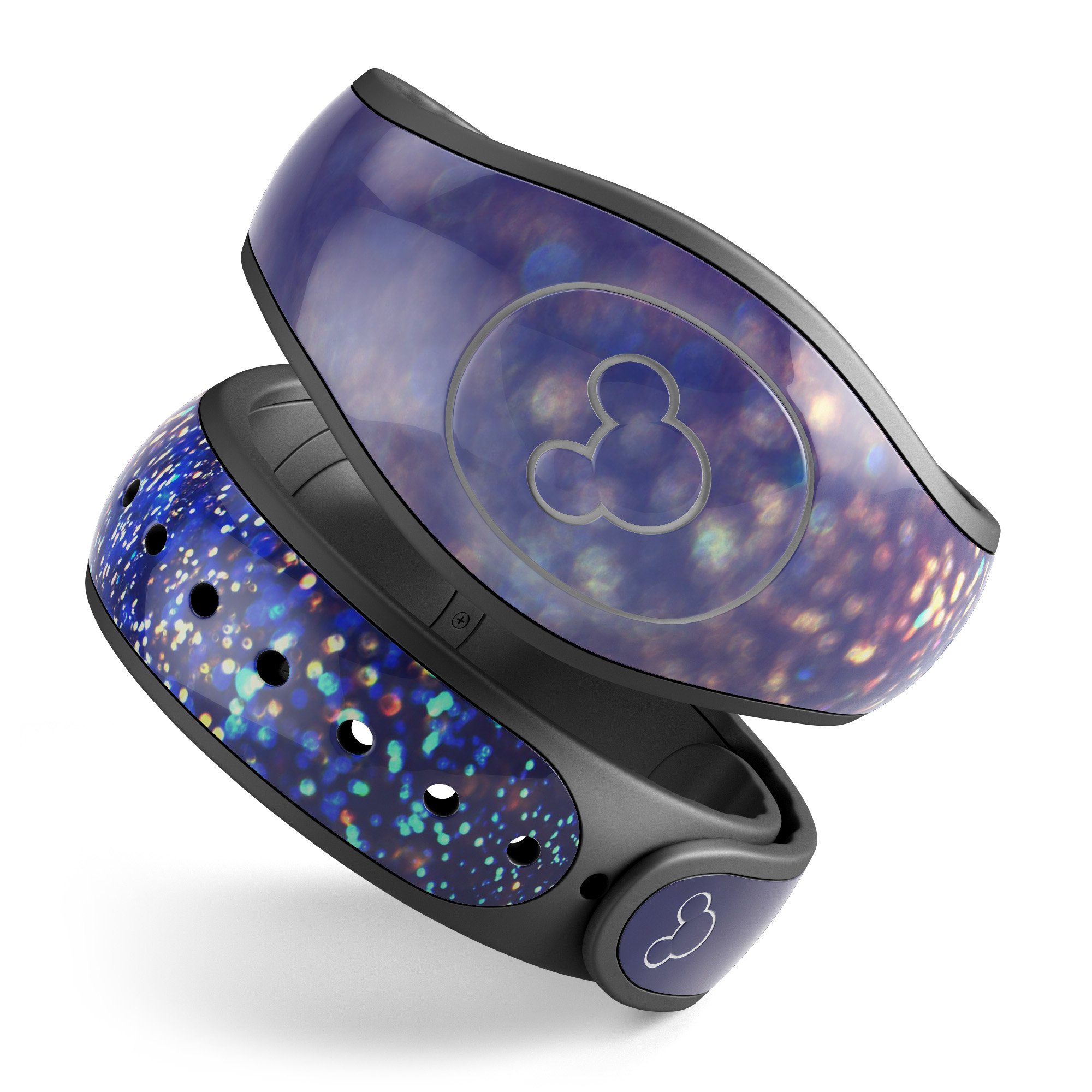 Deep Blue decal skin wrap kit featuring gold shimmering orbs, designed for Disney Magic Band, showcasing vibrant colors and high-quality finish.