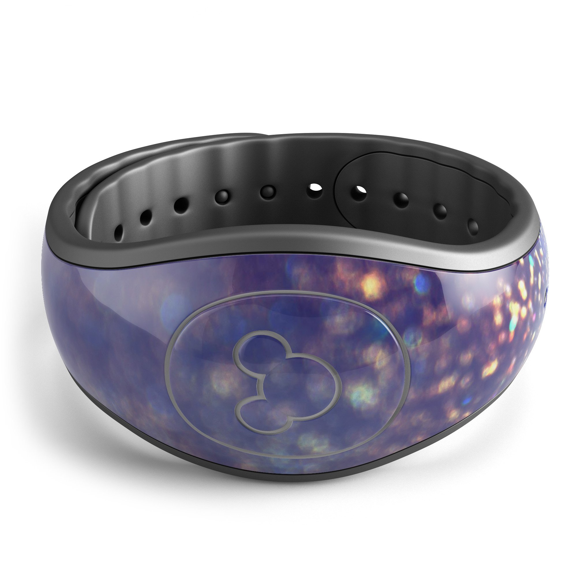 Deep Blue decal skin wrap kit featuring gold shimmering orbs, designed for Disney Magic Band, showcasing vibrant colors and high-quality finish.