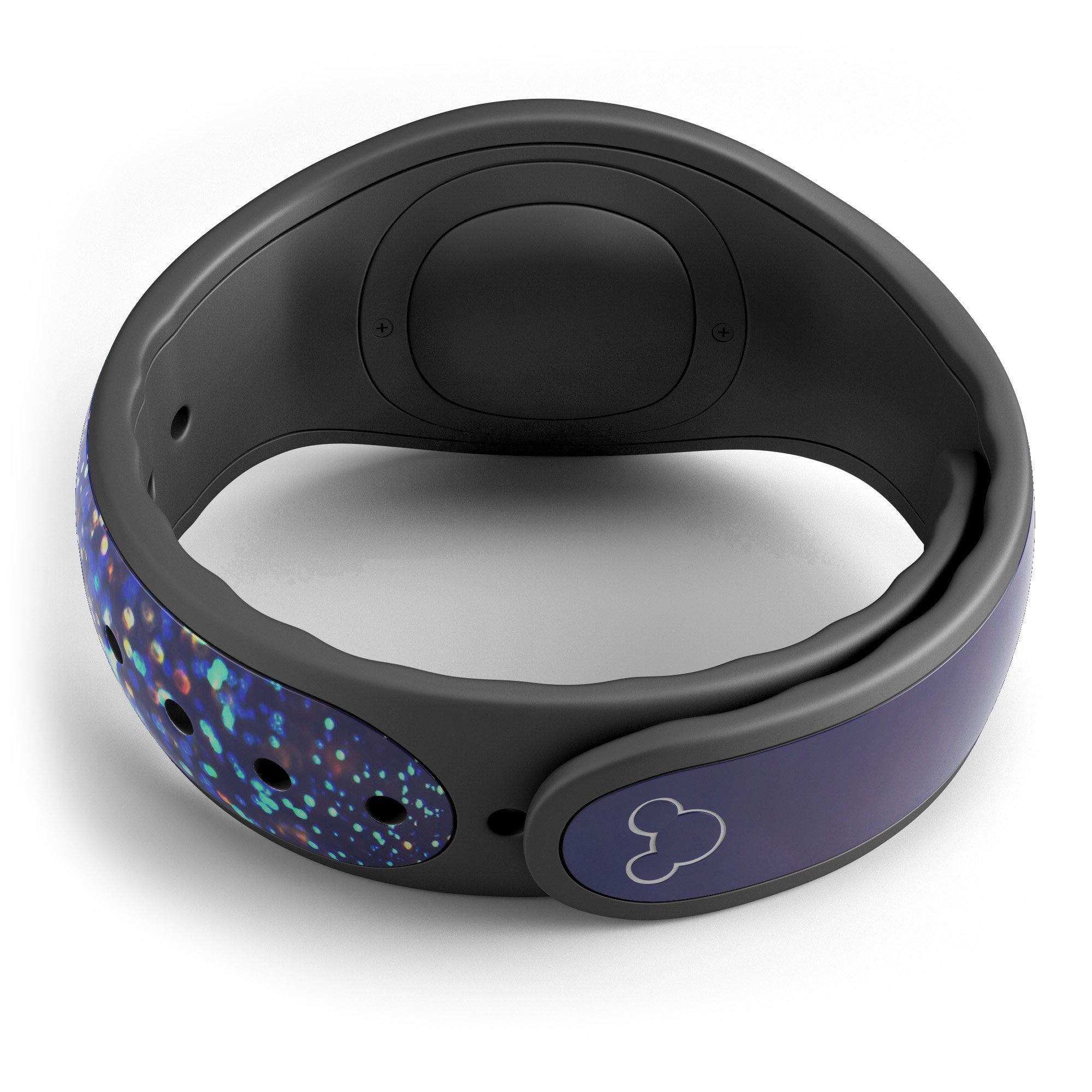 Deep Blue decal skin wrap kit featuring gold shimmering orbs, designed for Disney Magic Band, showcasing vibrant colors and high-quality finish.