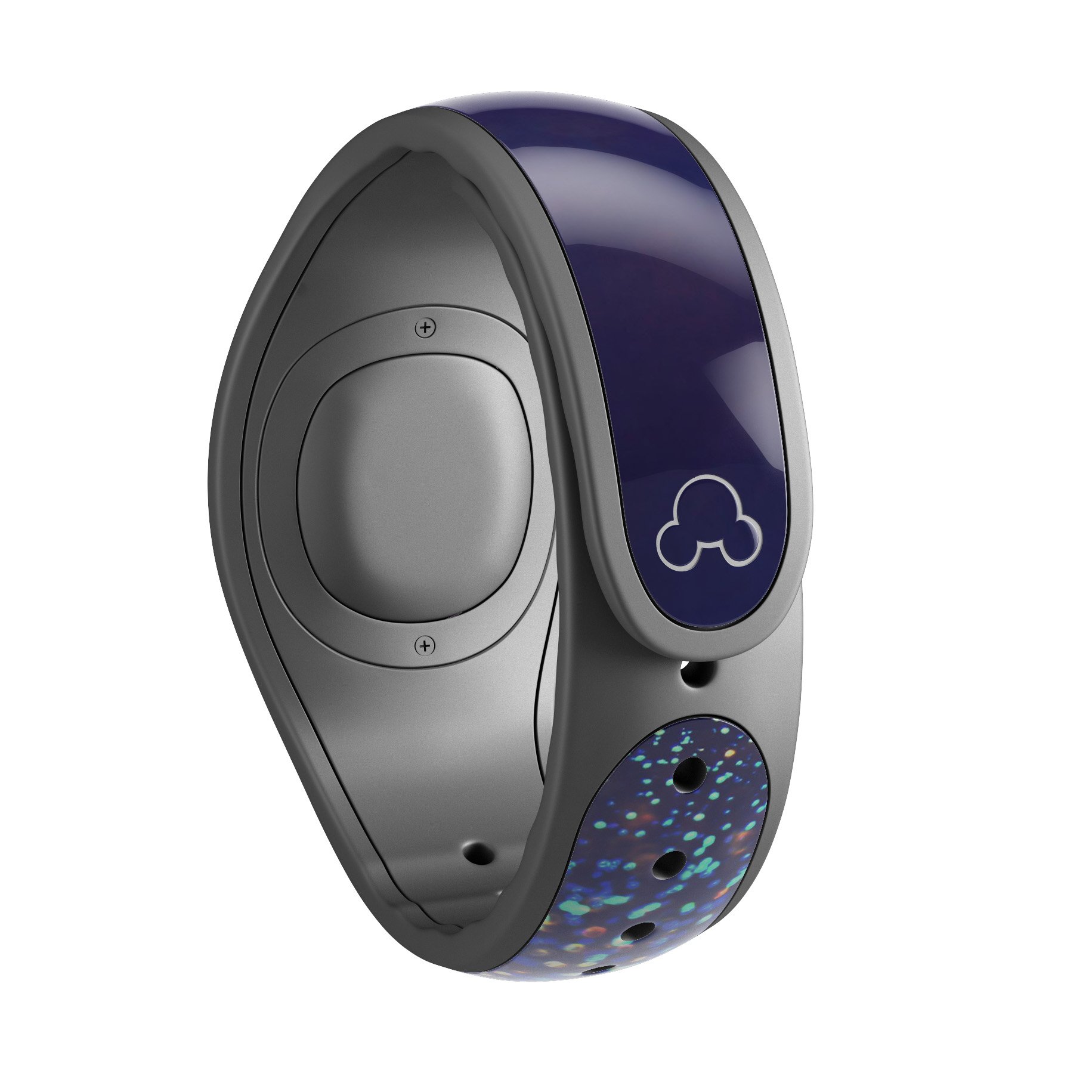 Deep Blue decal skin wrap kit featuring gold shimmering orbs, designed for Disney Magic Band, showcasing vibrant colors and high-quality finish.