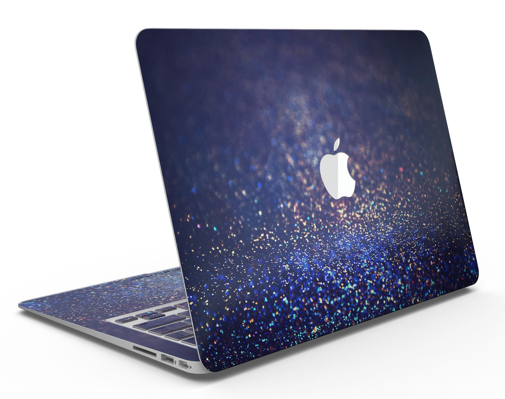 Deep Blue MacBook Air skin with gold shimmering orbs design, showcasing a stylish and protective vinyl cover.