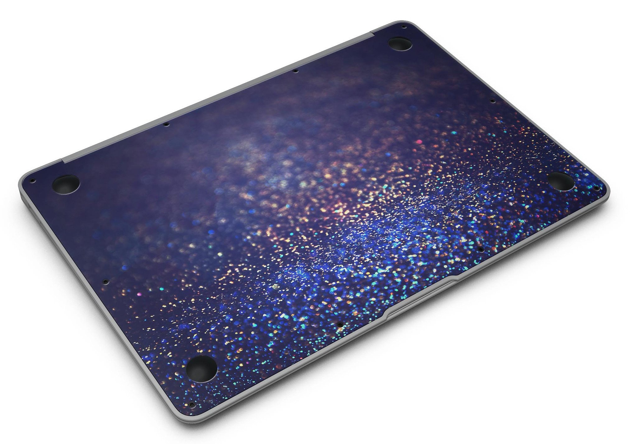 Deep Blue MacBook Air skin with gold shimmering orbs design, showcasing a stylish and protective vinyl cover.