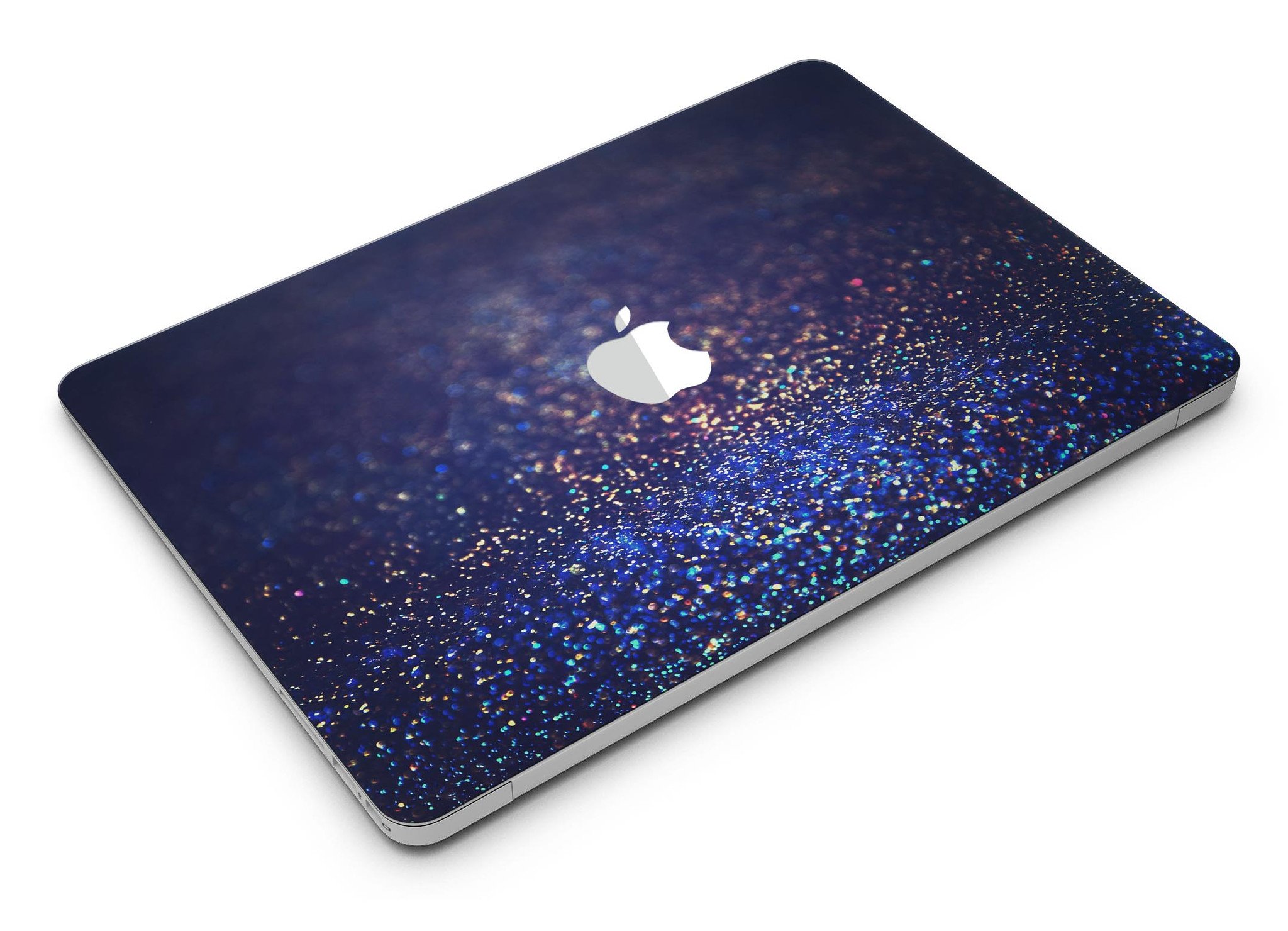 Deep Blue MacBook Air skin with gold shimmering orbs design, showcasing a stylish and protective vinyl cover.