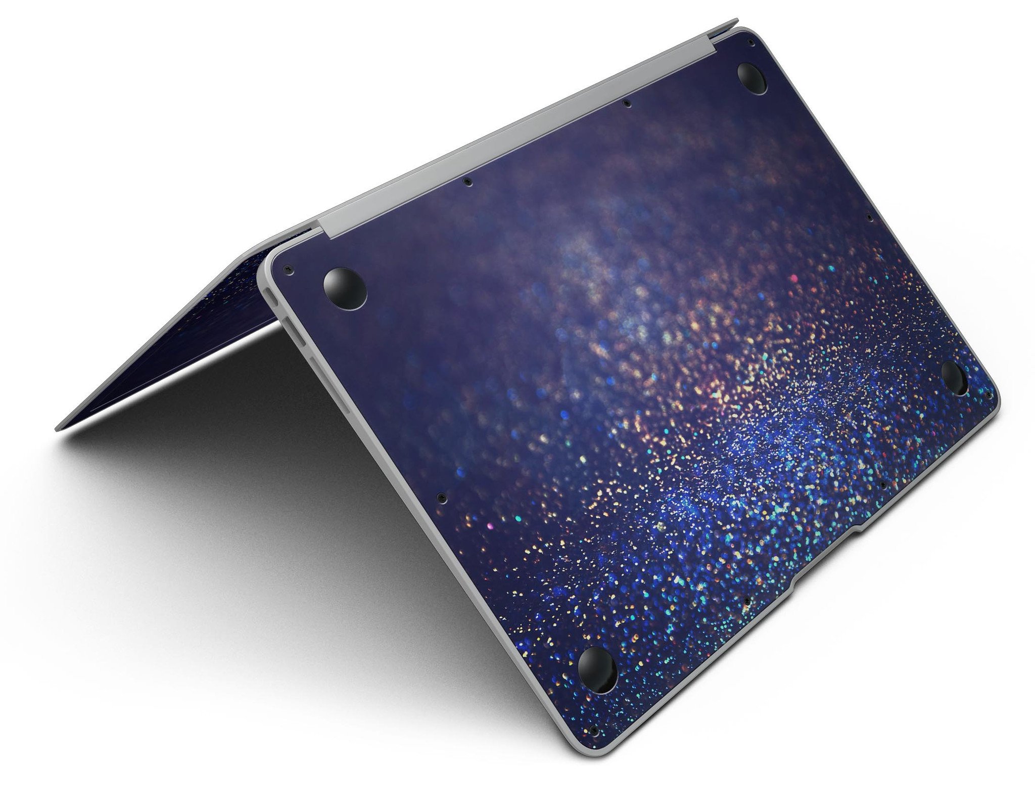 Deep Blue MacBook Air skin with gold shimmering orbs design, showcasing a stylish and protective vinyl cover.