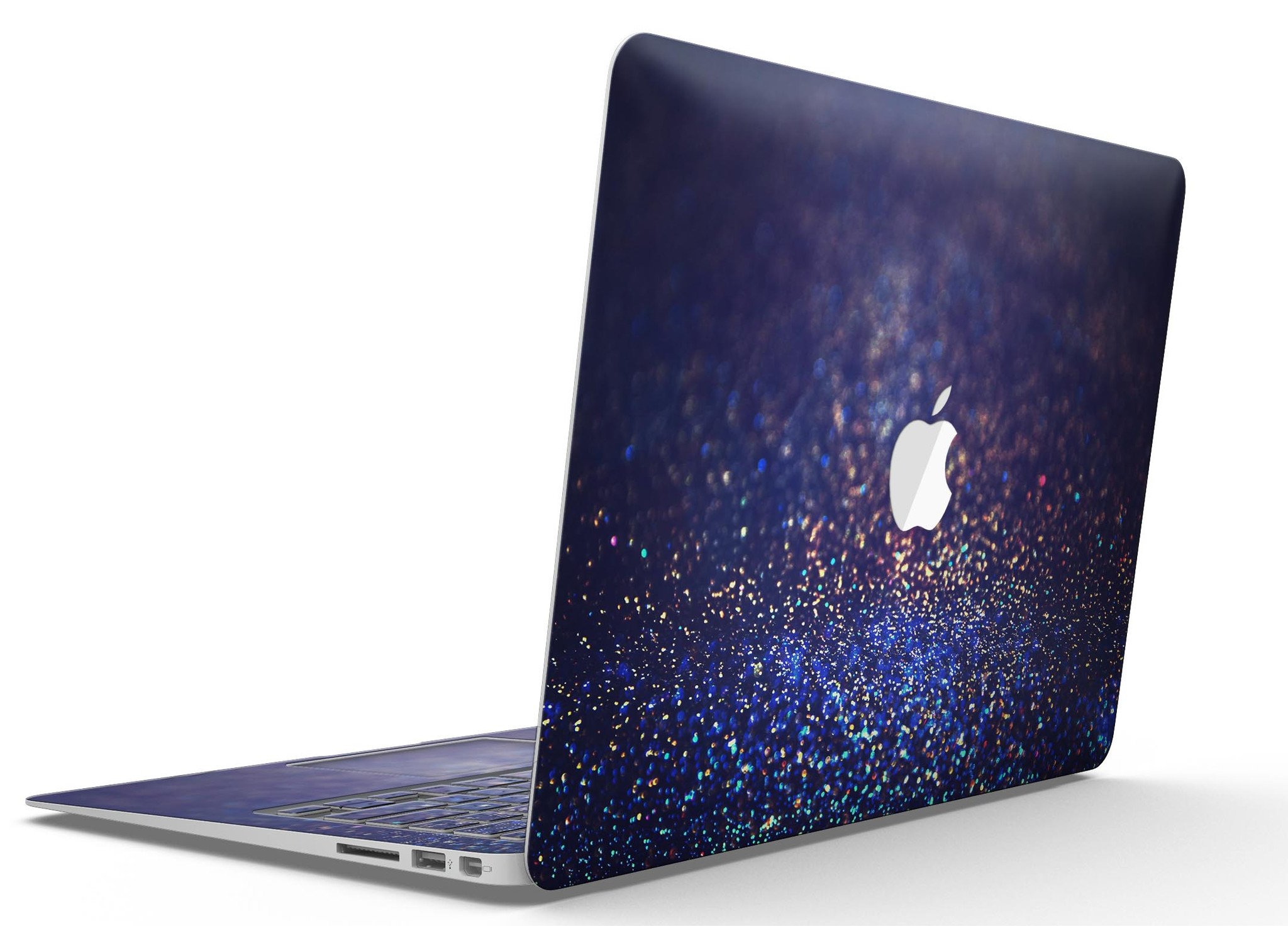 Deep Blue MacBook Air skin with gold shimmering orbs design, showcasing a stylish and protective vinyl cover.