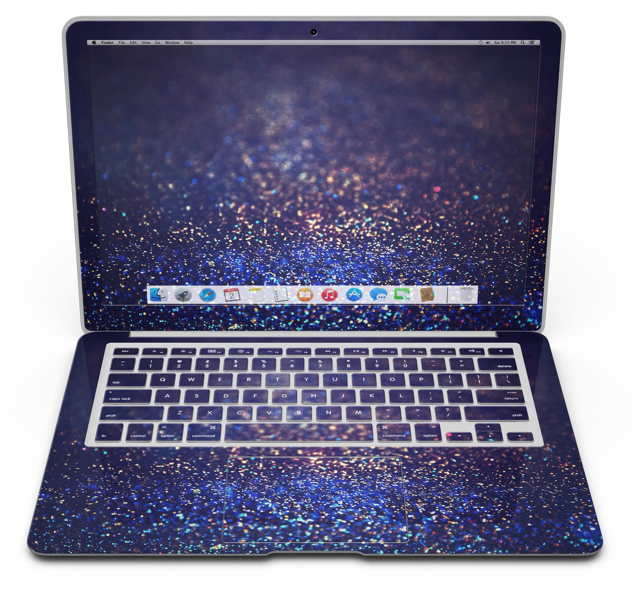 Deep Blue MacBook Air skin with gold shimmering orbs design, showcasing a stylish and protective vinyl cover.