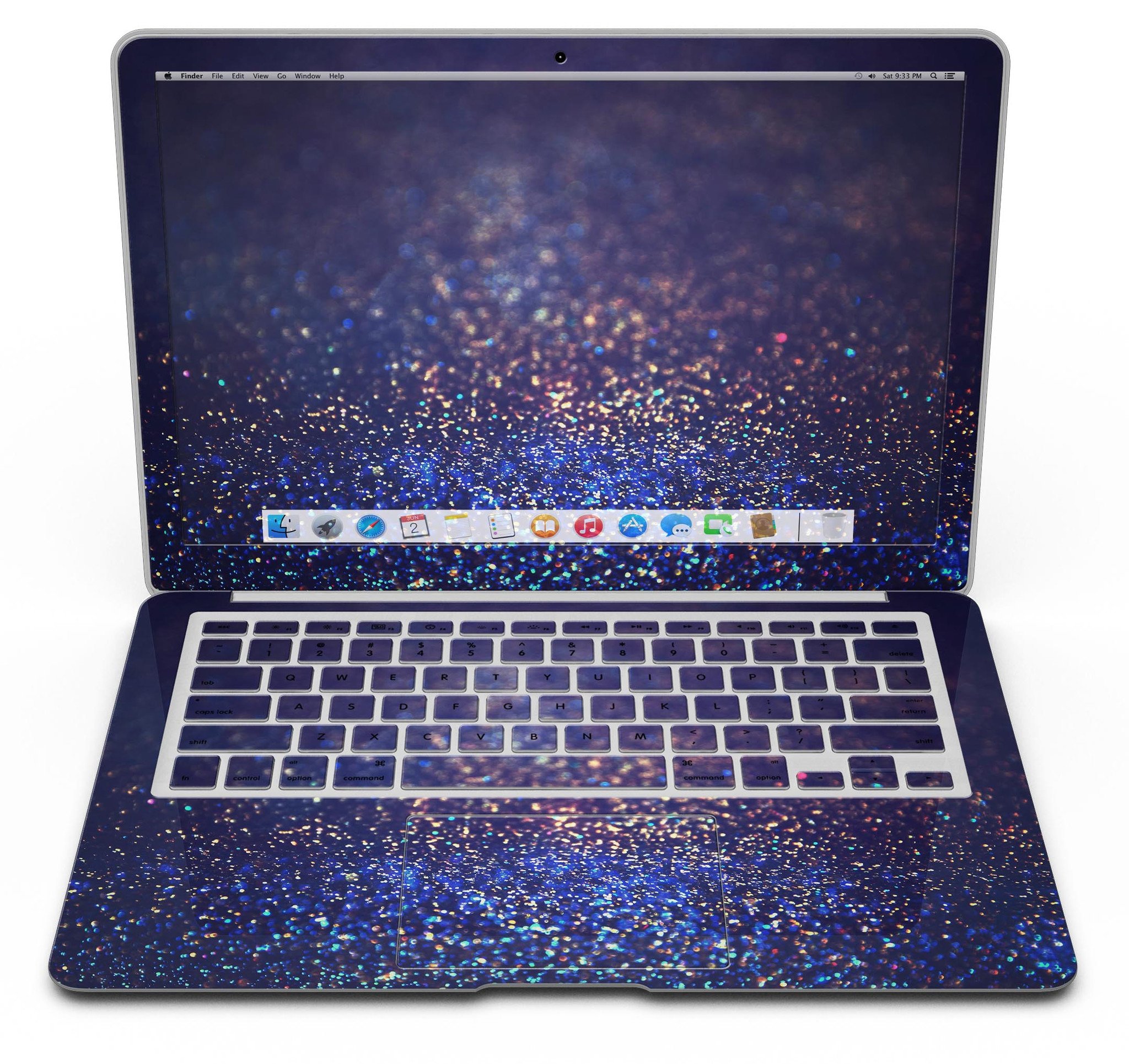 Deep Blue MacBook Air skin with gold shimmering orbs design, showcasing a stylish and protective vinyl cover.