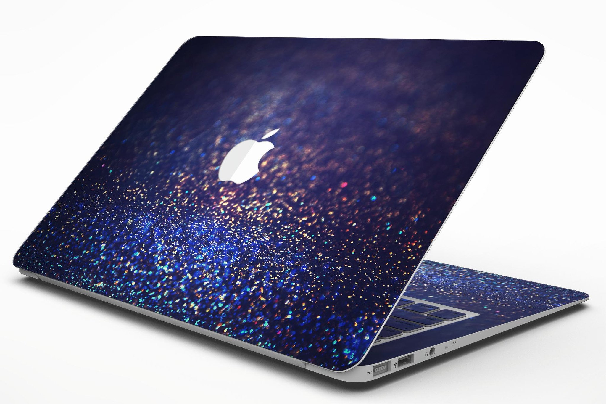 Deep Blue MacBook Air skin with gold shimmering orbs design, showcasing a stylish and protective vinyl cover.