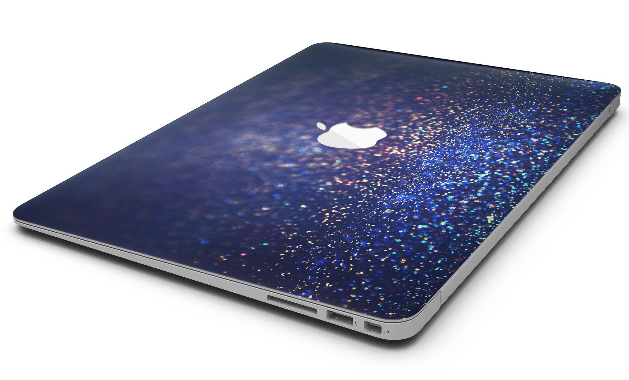 Deep Blue MacBook Air skin with gold shimmering orbs design, showcasing a stylish and protective vinyl cover.