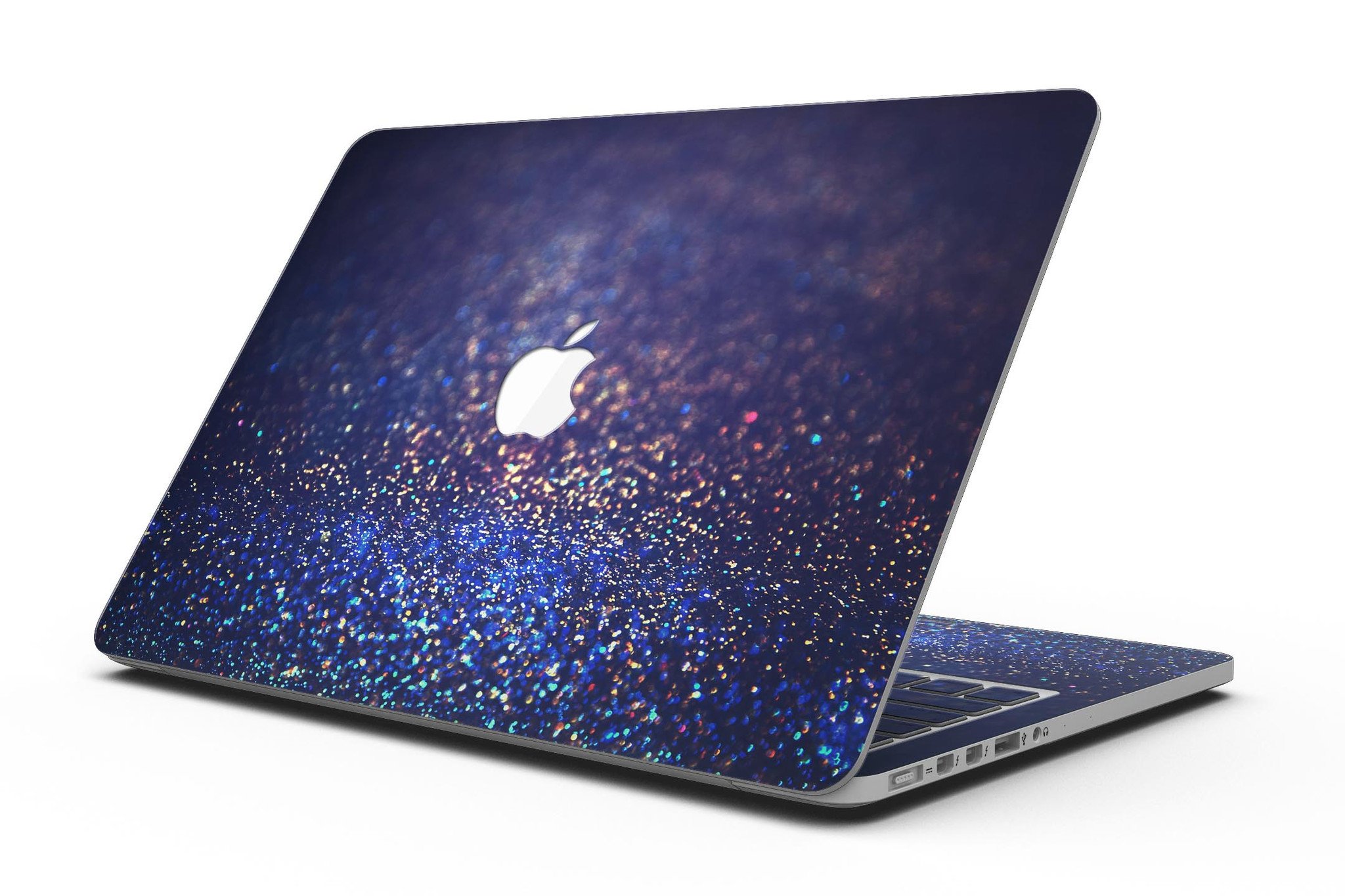 Deep Blue MacBook Pro skin featuring gold shimmering orbs, showcasing a stylish design that protects the device.