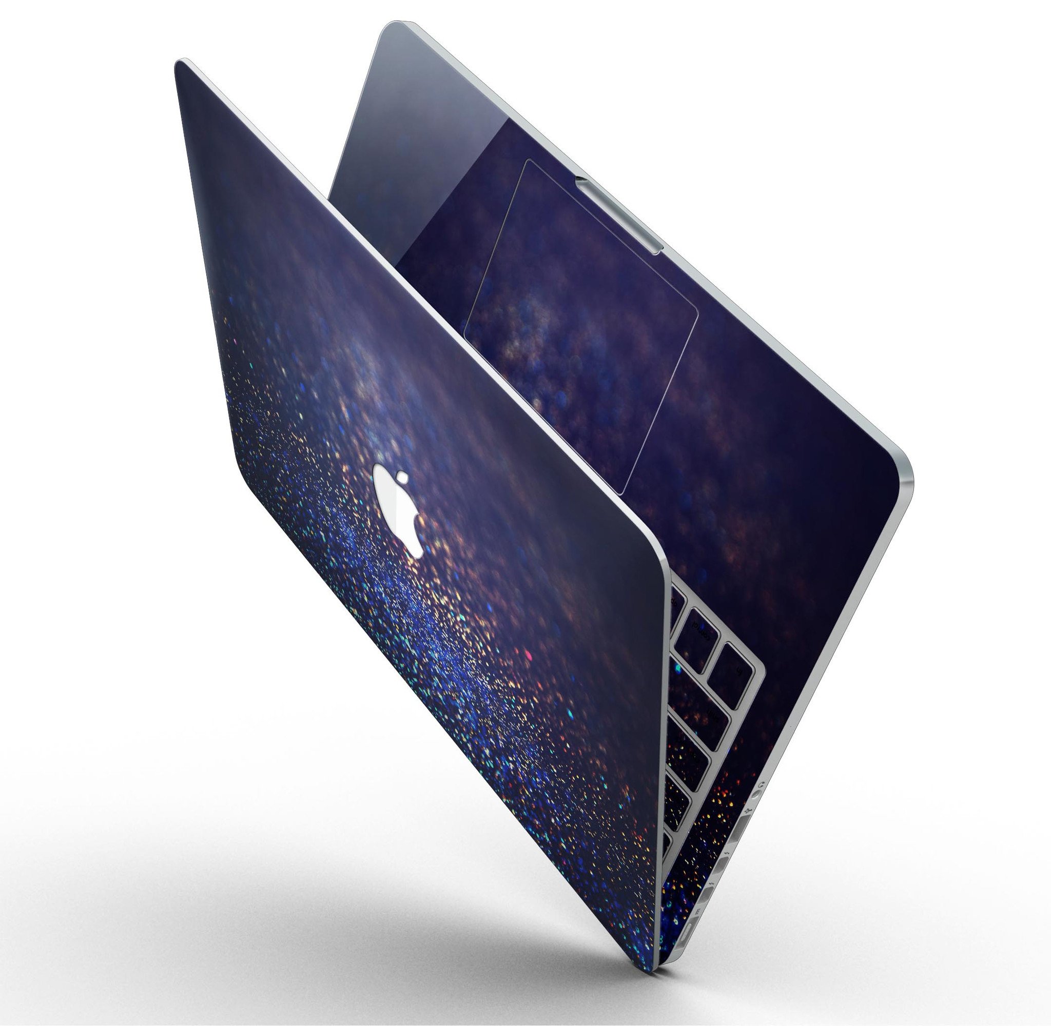 Deep Blue MacBook Pro skin featuring gold shimmering orbs, showcasing a stylish design that protects the device.