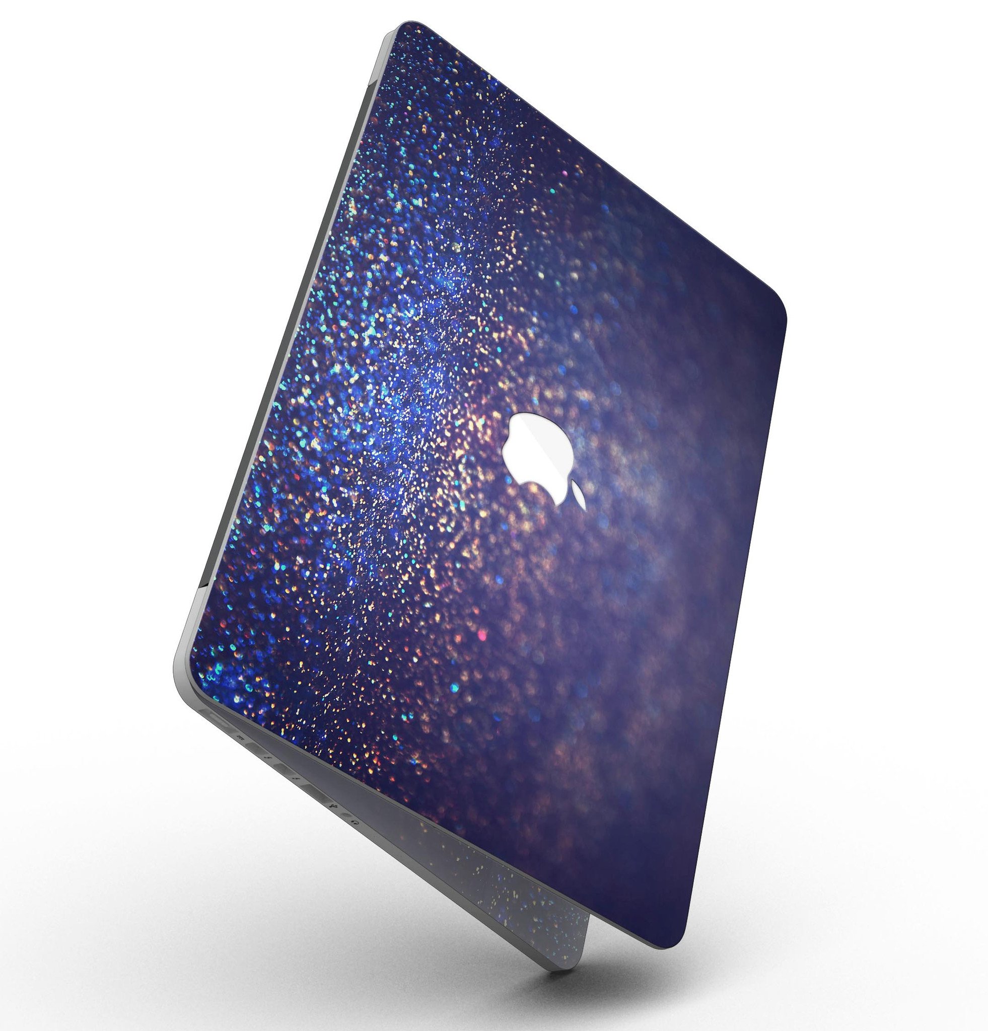 Deep Blue MacBook Pro skin featuring gold shimmering orbs, showcasing a stylish design that protects the device.