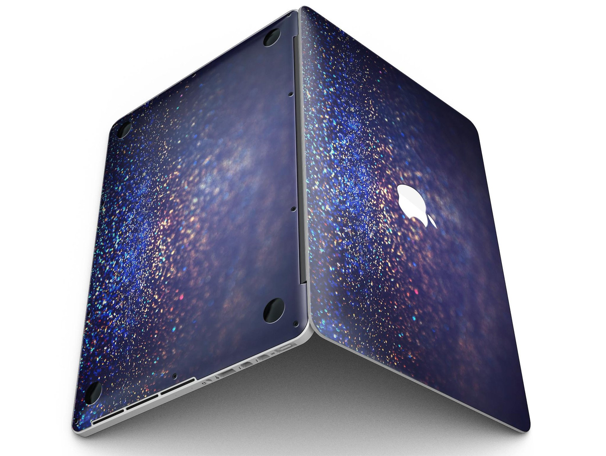 Deep Blue MacBook Pro skin featuring gold shimmering orbs, showcasing a stylish design that protects the device.