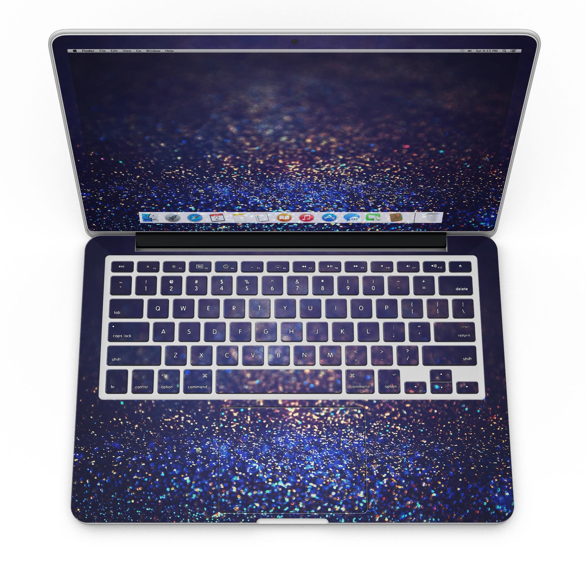 Deep Blue MacBook Pro skin featuring gold shimmering orbs, showcasing a stylish design that protects the device.