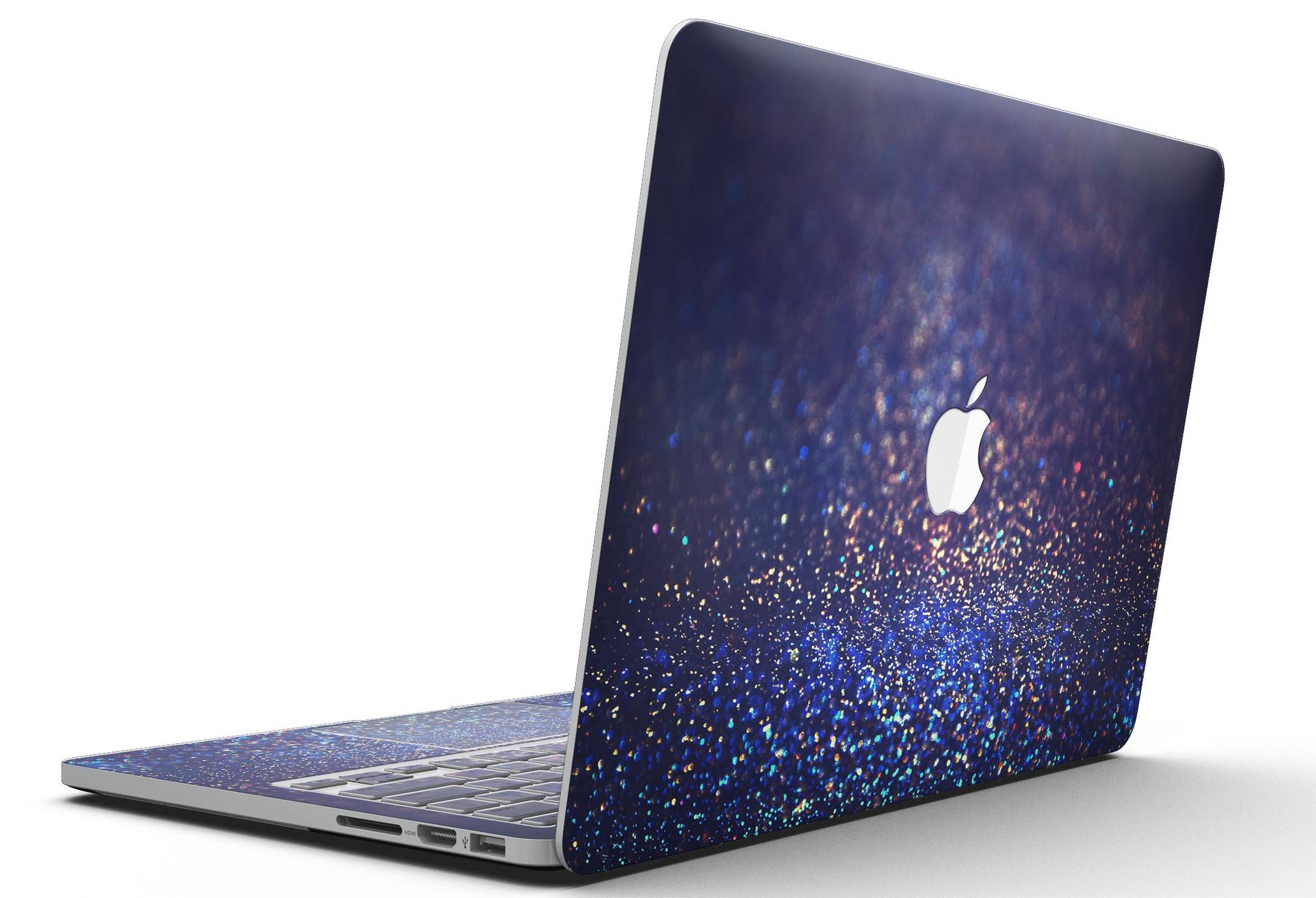 Deep Blue MacBook Pro skin featuring gold shimmering orbs, showcasing a stylish design that protects the device.