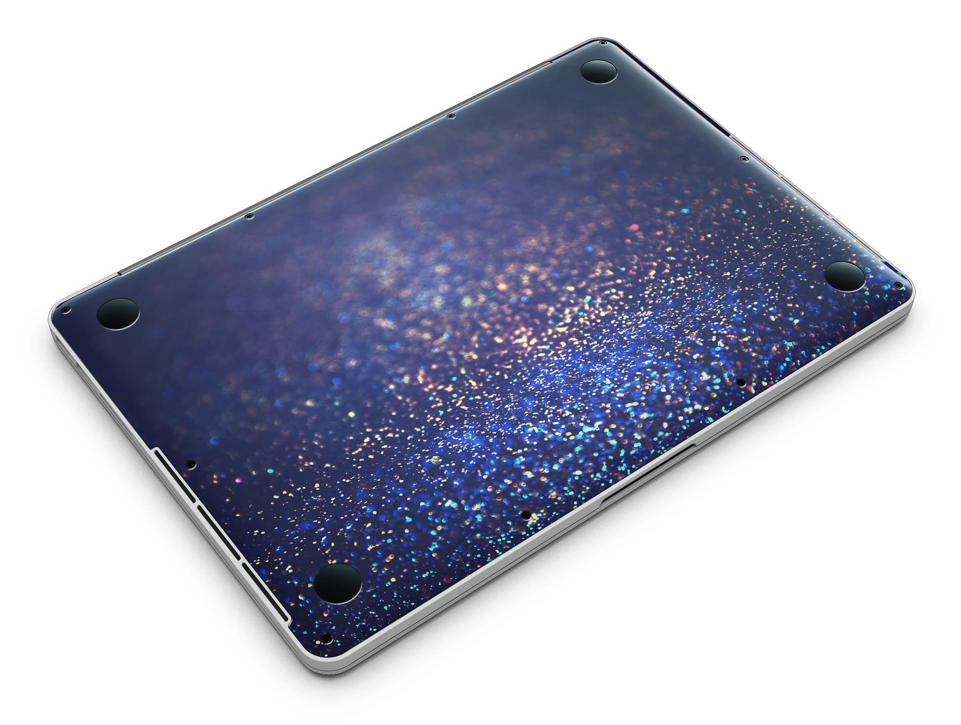 Deep Blue MacBook Pro skin featuring gold shimmering orbs, showcasing a stylish design that protects the device.