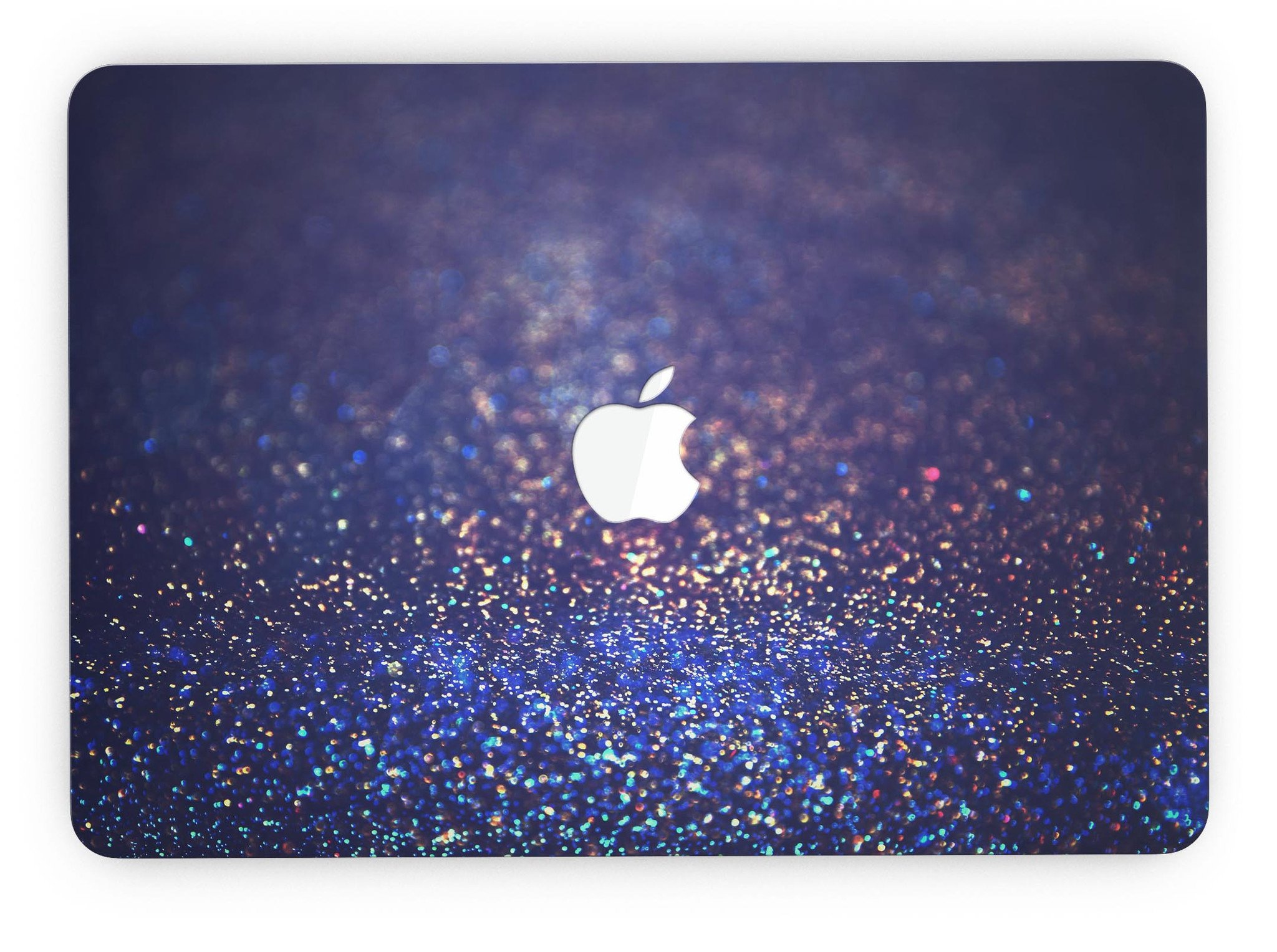 Deep Blue MacBook Pro skin featuring gold shimmering orbs, showcasing a stylish design that protects the device.