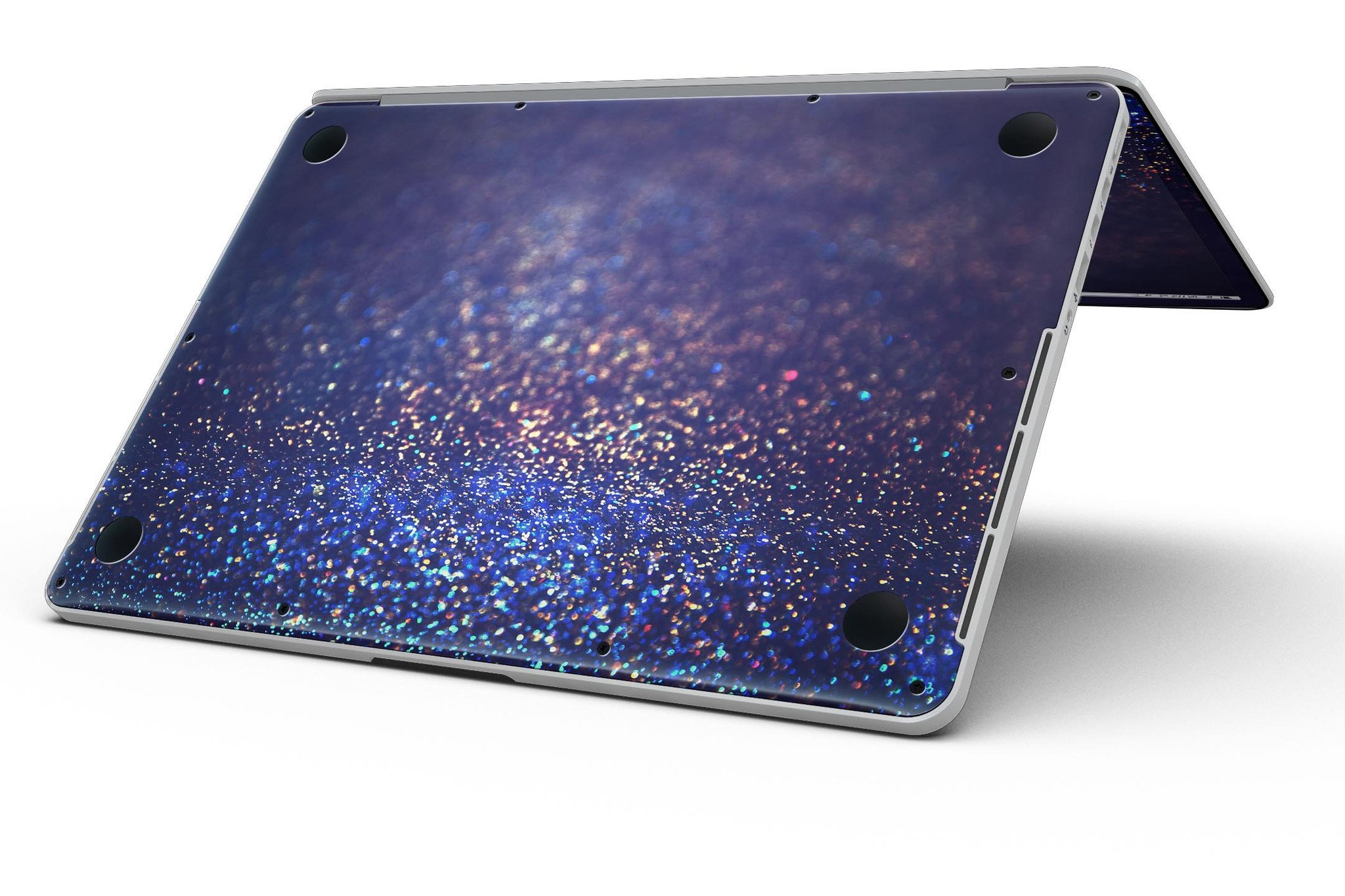 Deep Blue MacBook Pro skin featuring gold shimmering orbs, showcasing a stylish design that protects the device.