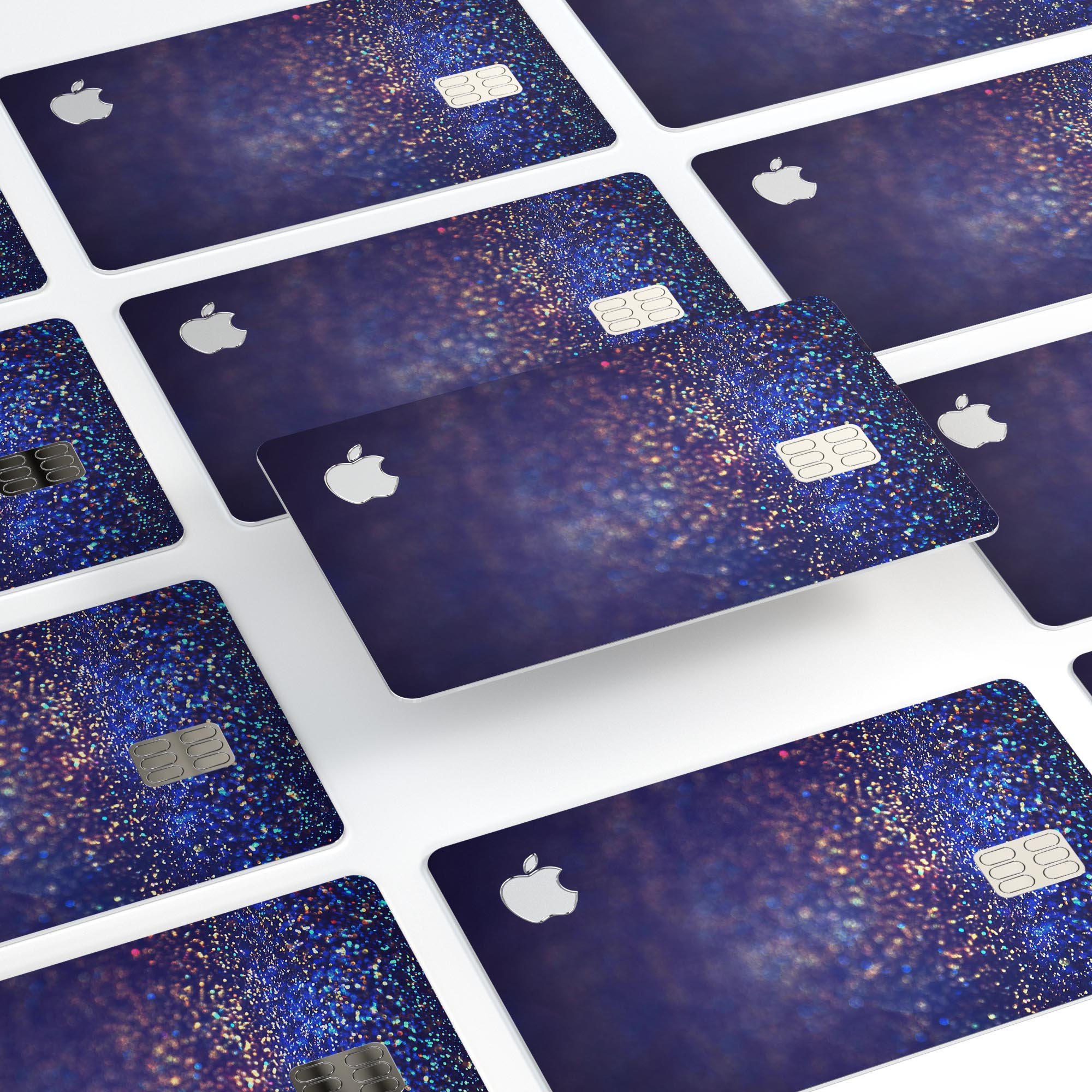 Deep Blue skin for Apple Card with gold shimmering orbs, showcasing premium design and protection.