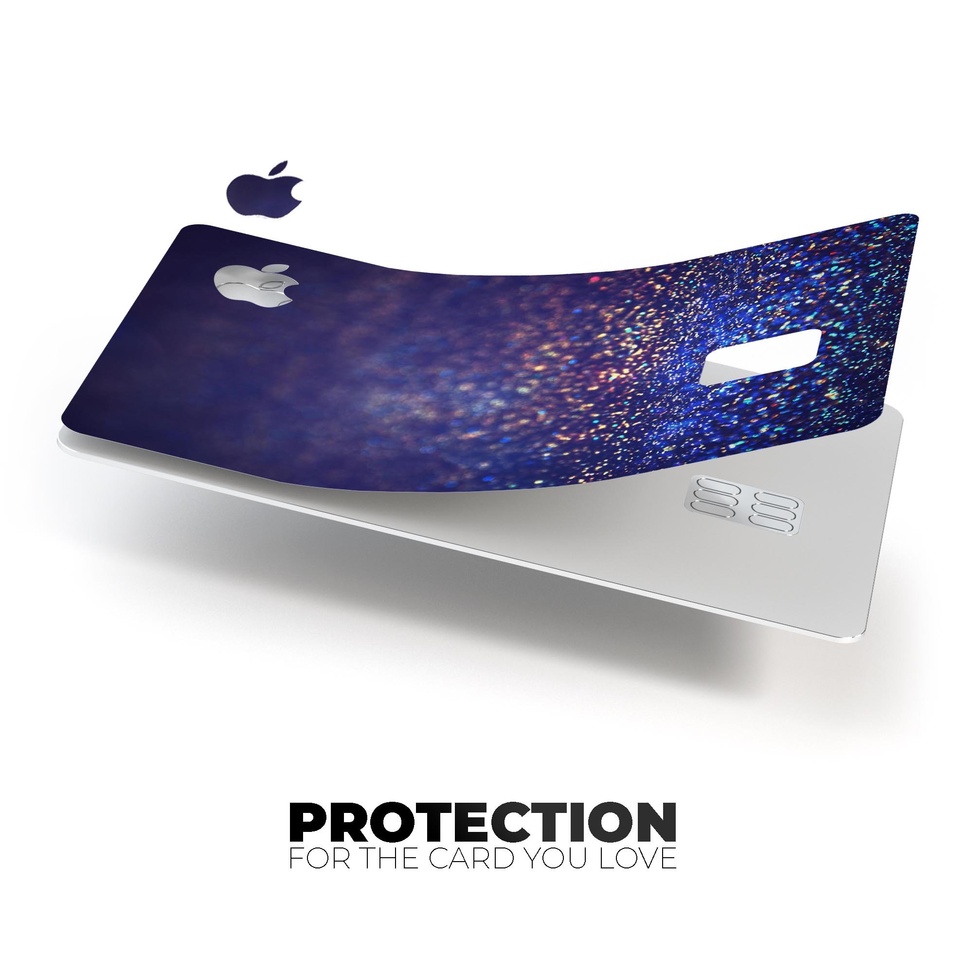 Deep Blue skin for Apple Card with gold shimmering orbs, showcasing premium design and protection.