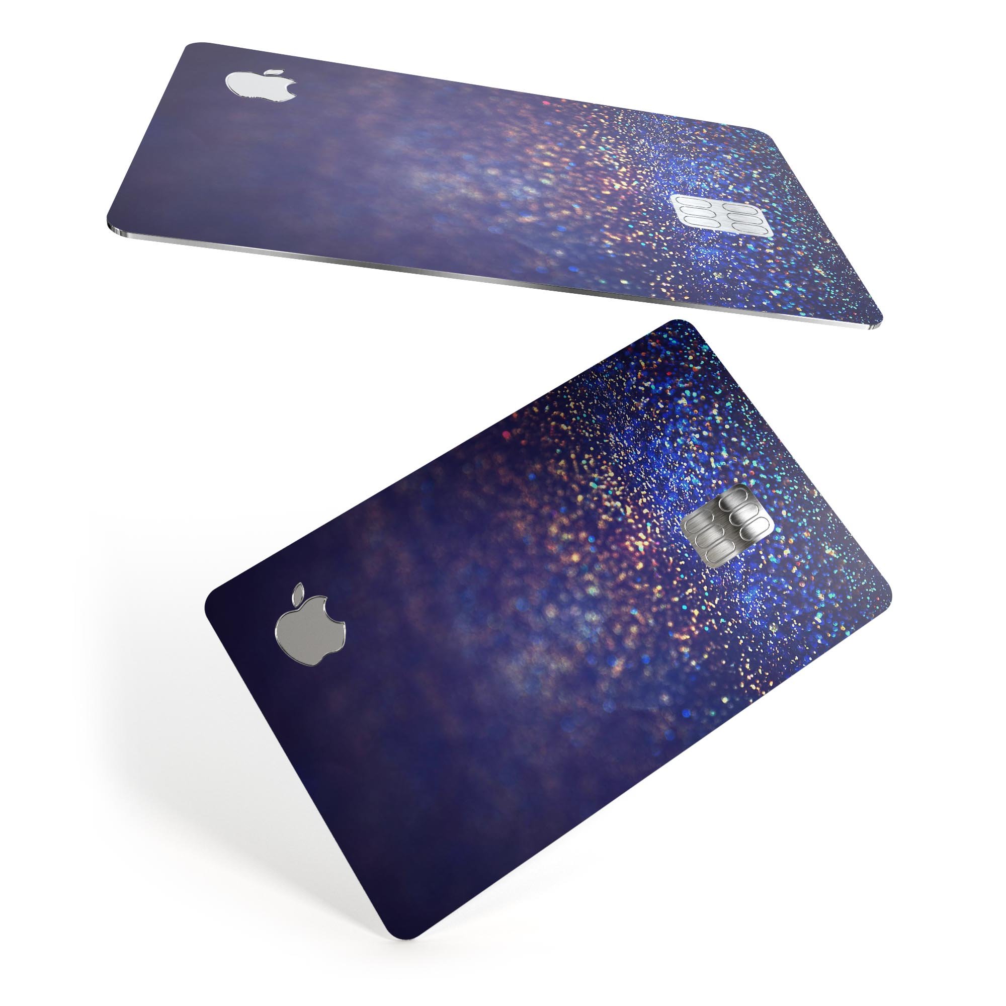 Deep Blue skin for Apple Card with gold shimmering orbs, showcasing premium design and protection.