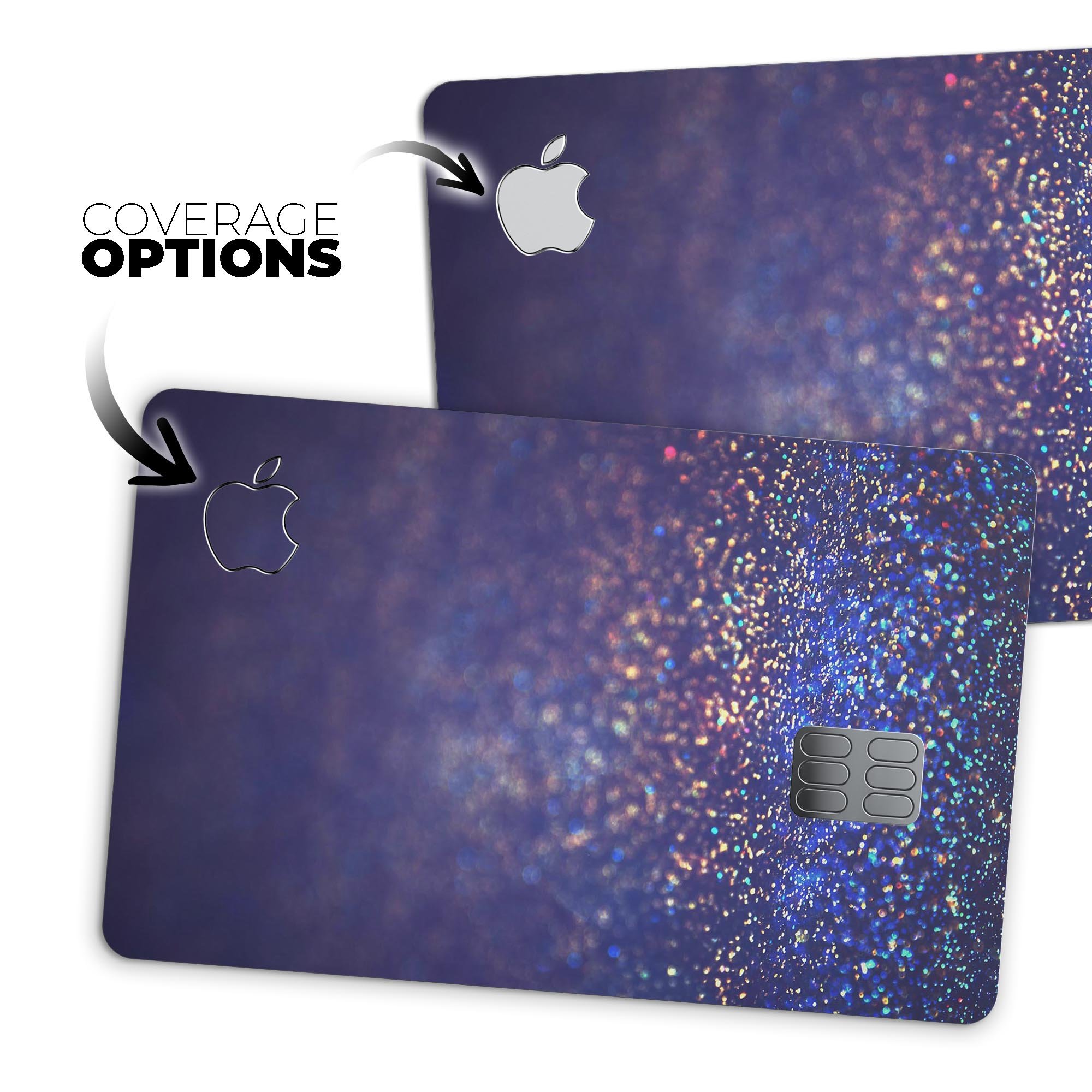 Deep Blue skin for Apple Card with gold shimmering orbs, showcasing premium design and protection.