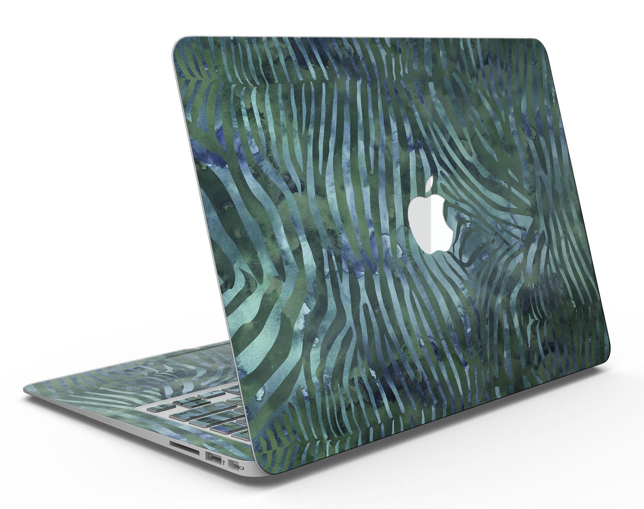 Deep Green and Blue Watercolor Zebra Pattern MacBook Air Skin Kit showcasing vibrant colors and unique design.