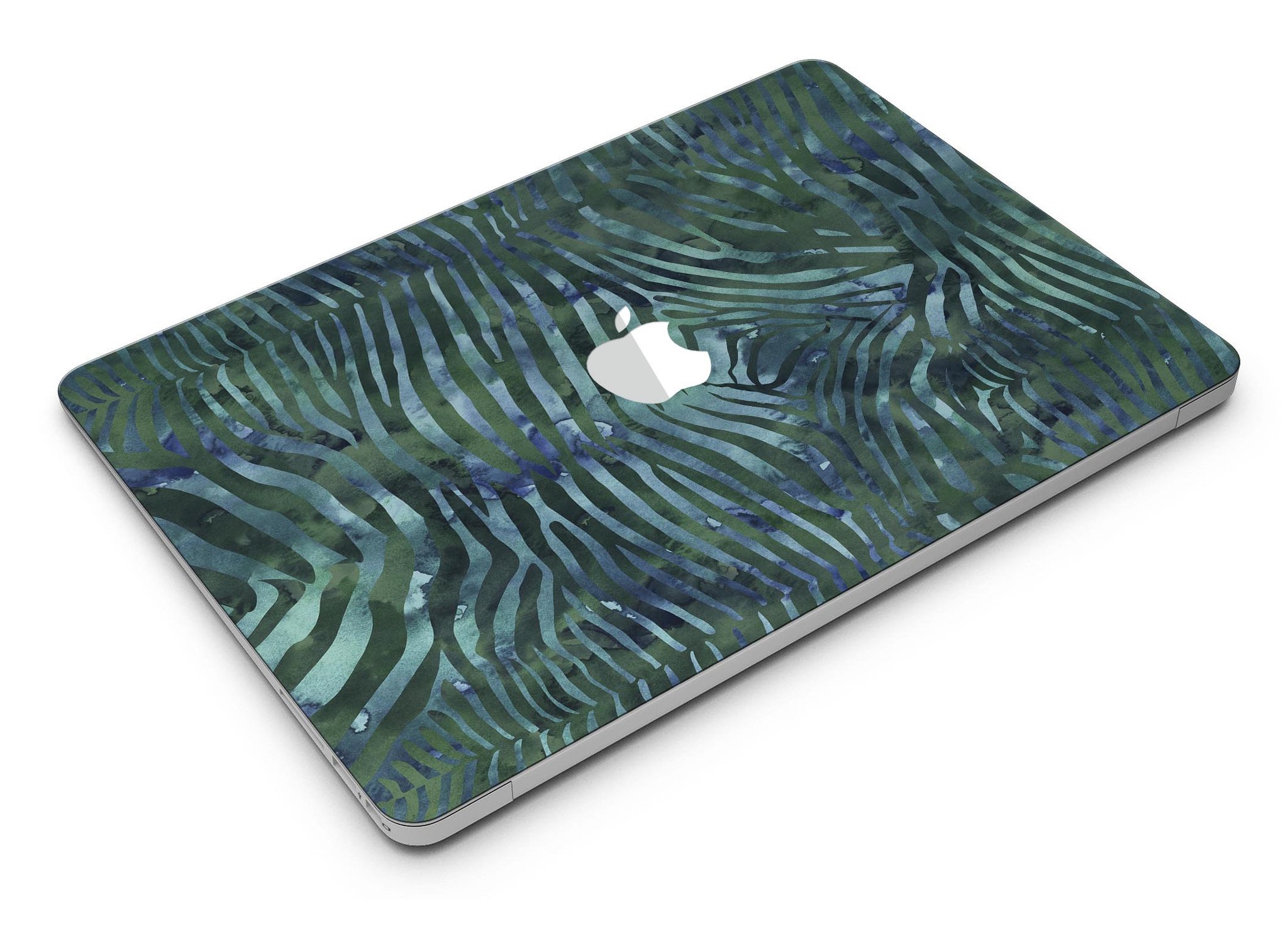 Deep Green and Blue Watercolor Zebra Pattern MacBook Air Skin Kit showcasing vibrant colors and unique design.