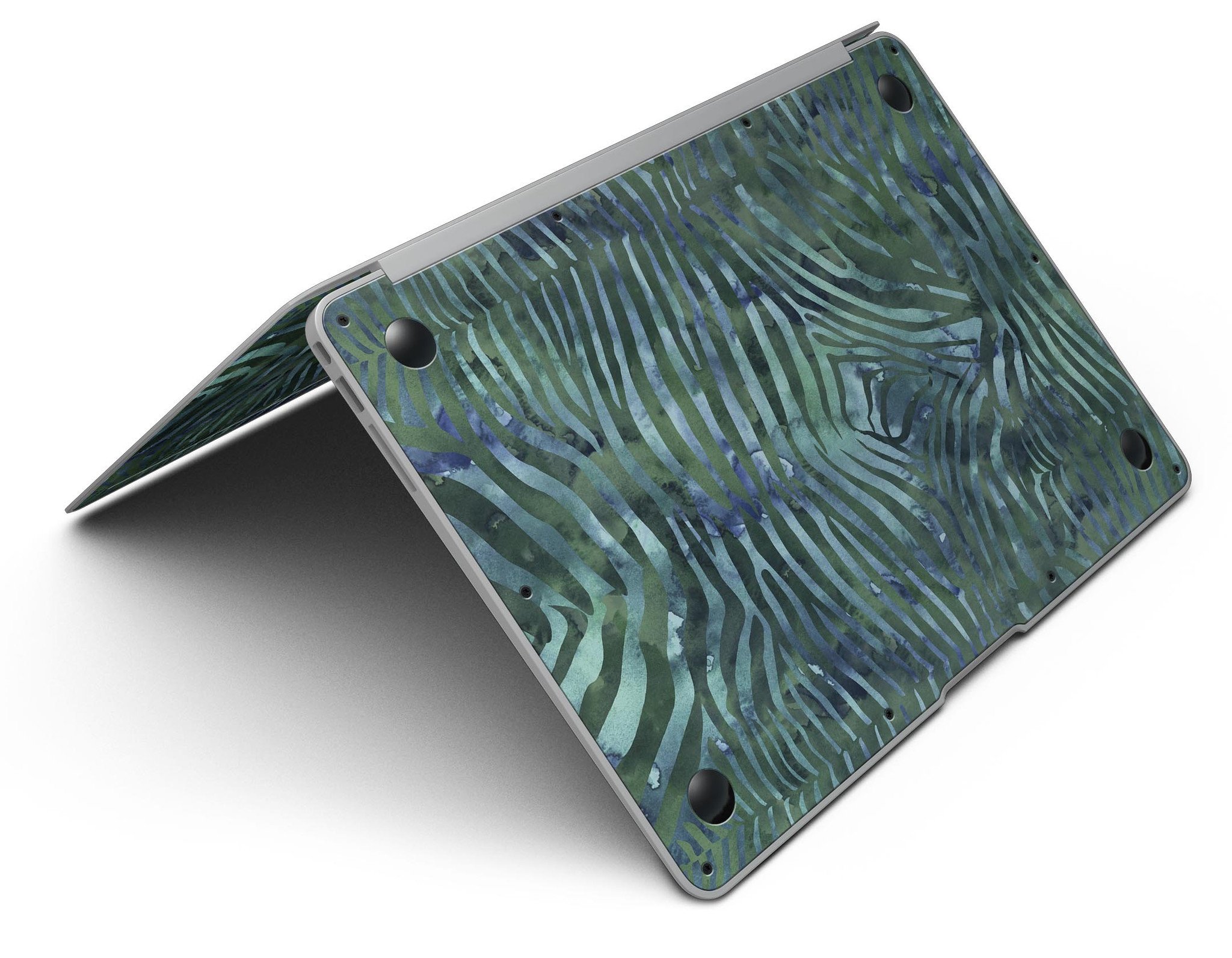 Deep Green and Blue Watercolor Zebra Pattern MacBook Air Skin Kit showcasing vibrant colors and unique design.