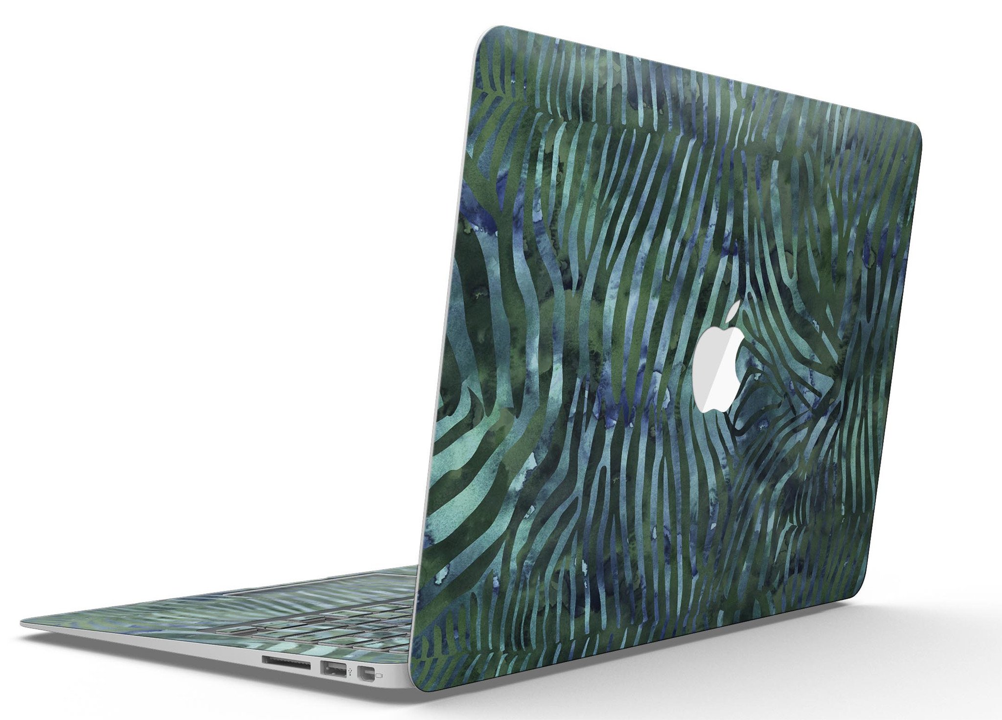 Deep Green and Blue Watercolor Zebra Pattern MacBook Air Skin Kit showcasing vibrant colors and unique design.