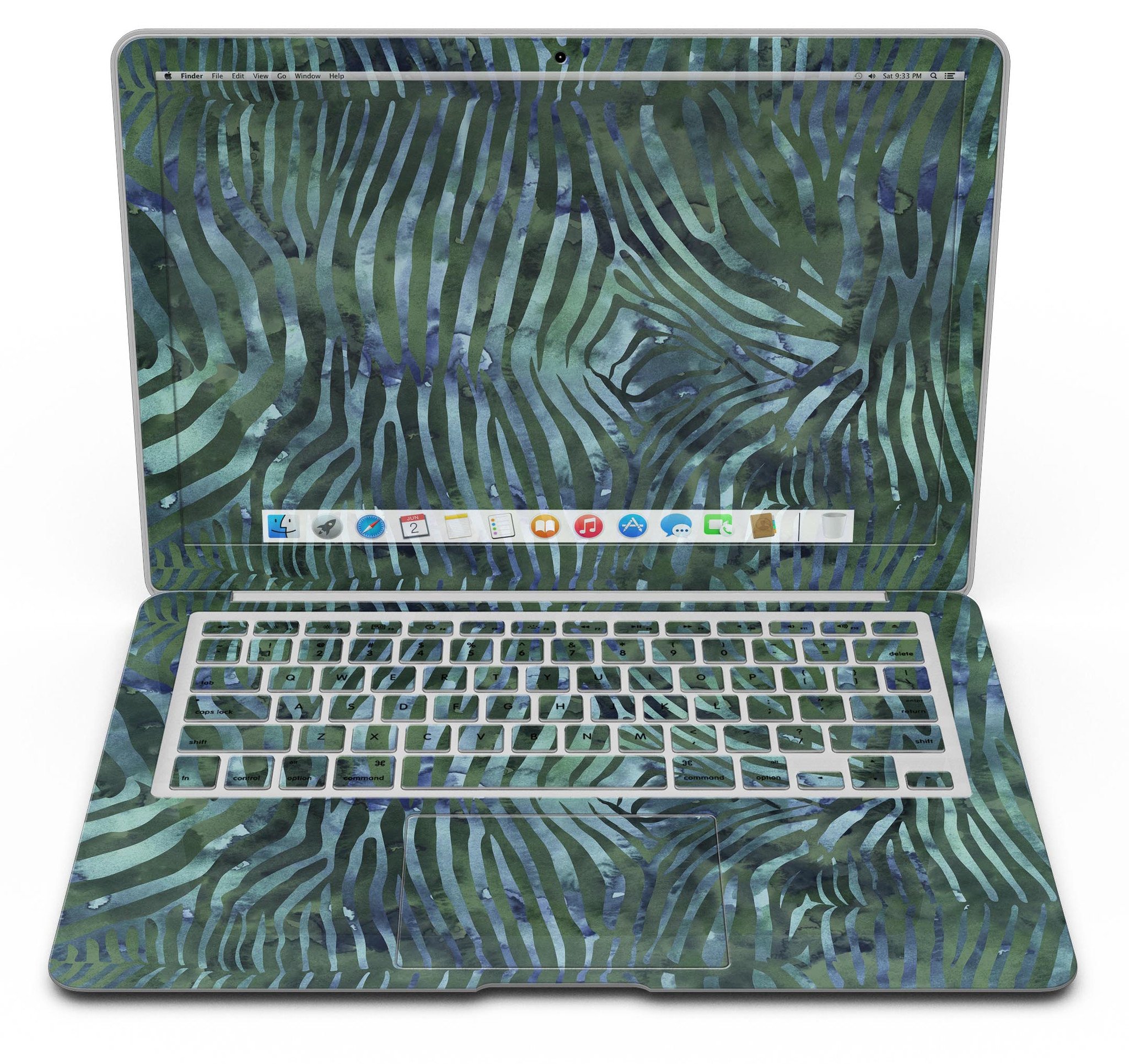 Deep Green and Blue Watercolor Zebra Pattern MacBook Air Skin Kit showcasing vibrant colors and unique design.