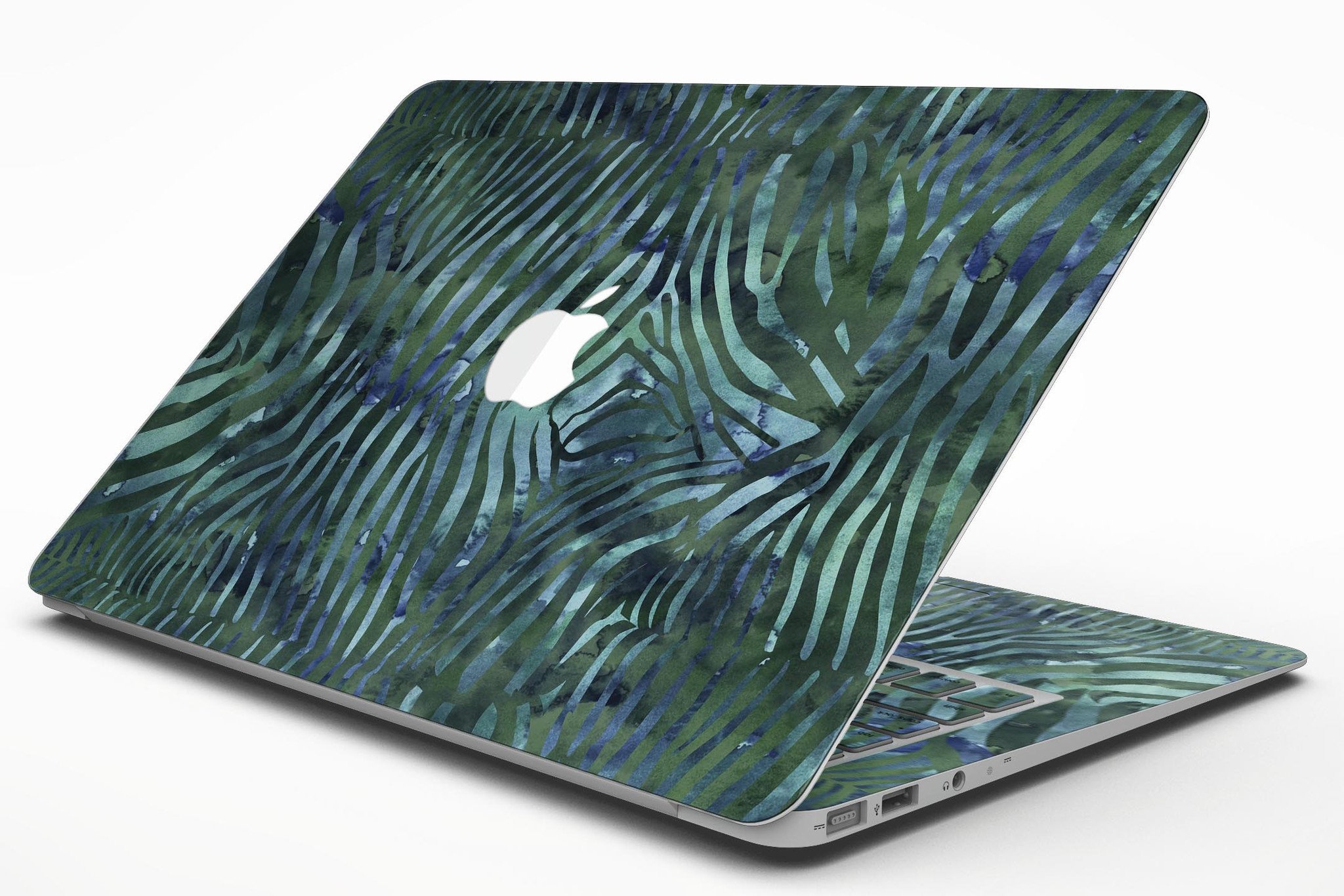 Deep Green and Blue Watercolor Zebra Pattern MacBook Air Skin Kit showcasing vibrant colors and unique design.