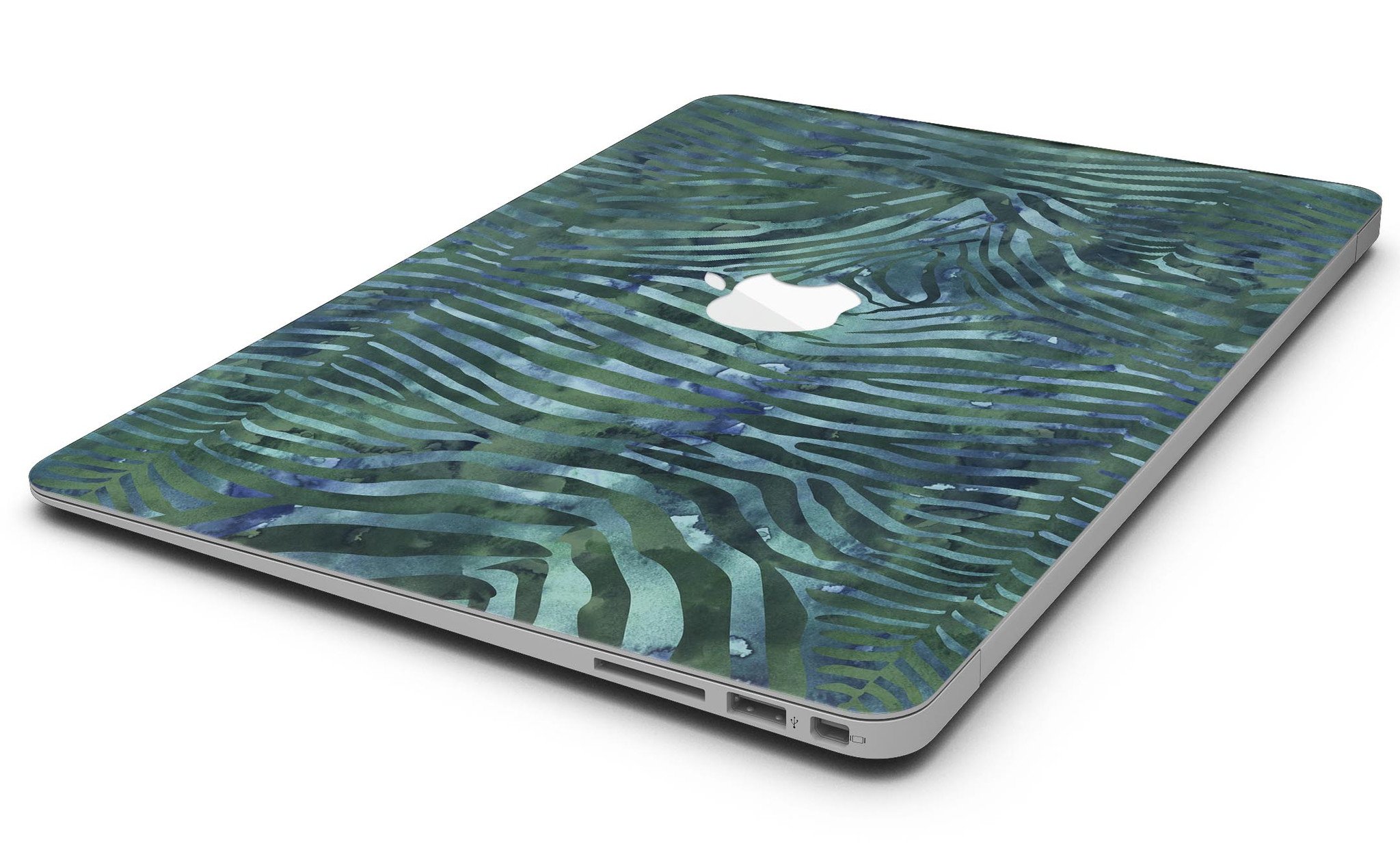 Deep Green and Blue Watercolor Zebra Pattern MacBook Air Skin Kit showcasing vibrant colors and unique design.