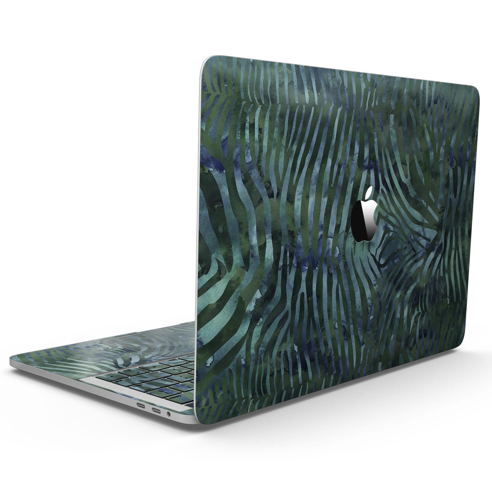 Deep Green and Blue Watercolor Zebra Pattern skin for MacBook Pro with Touch Bar, showcasing vibrant colors and unique design.