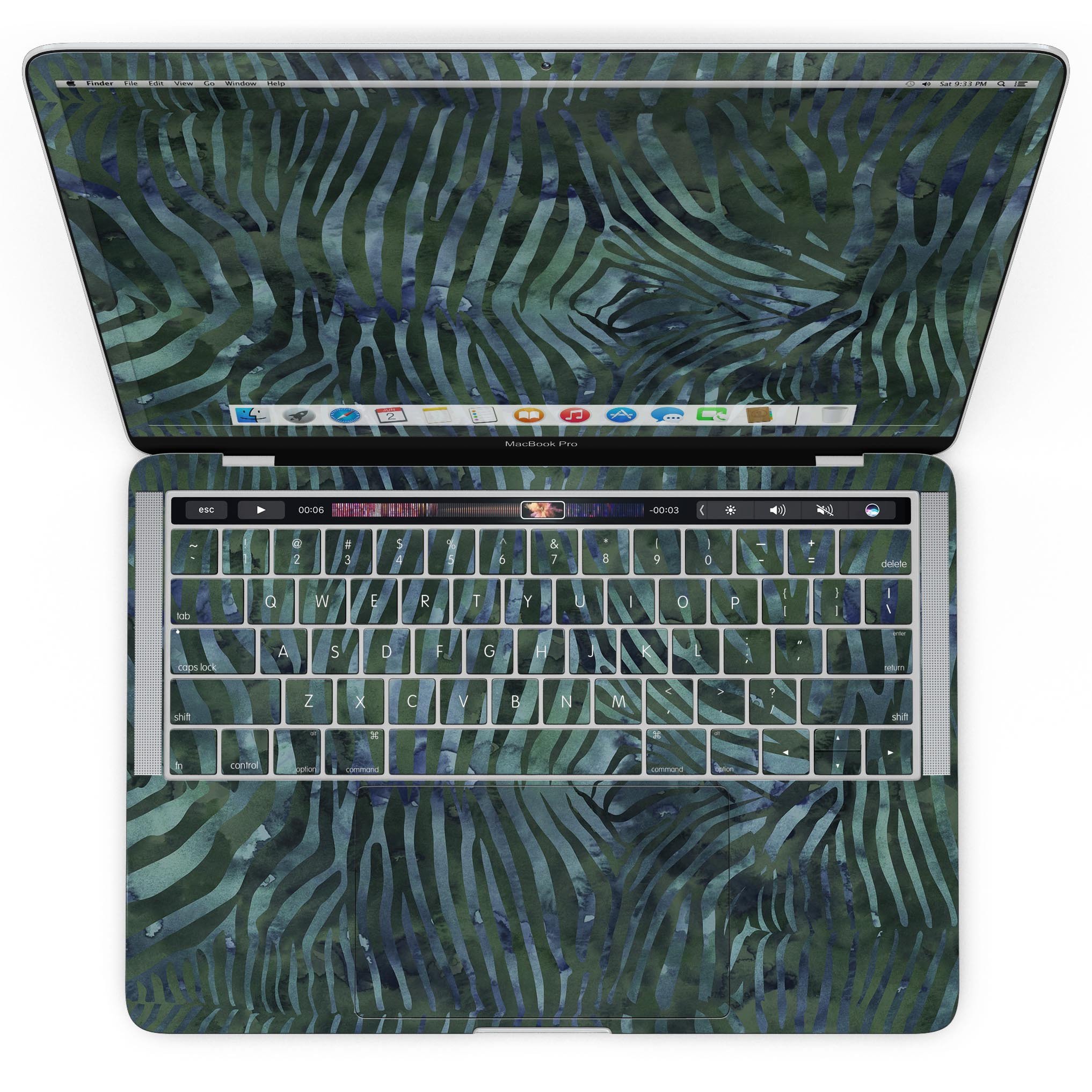 Deep Green and Blue Watercolor Zebra Pattern skin for MacBook Pro with Touch Bar, showcasing vibrant colors and unique design.