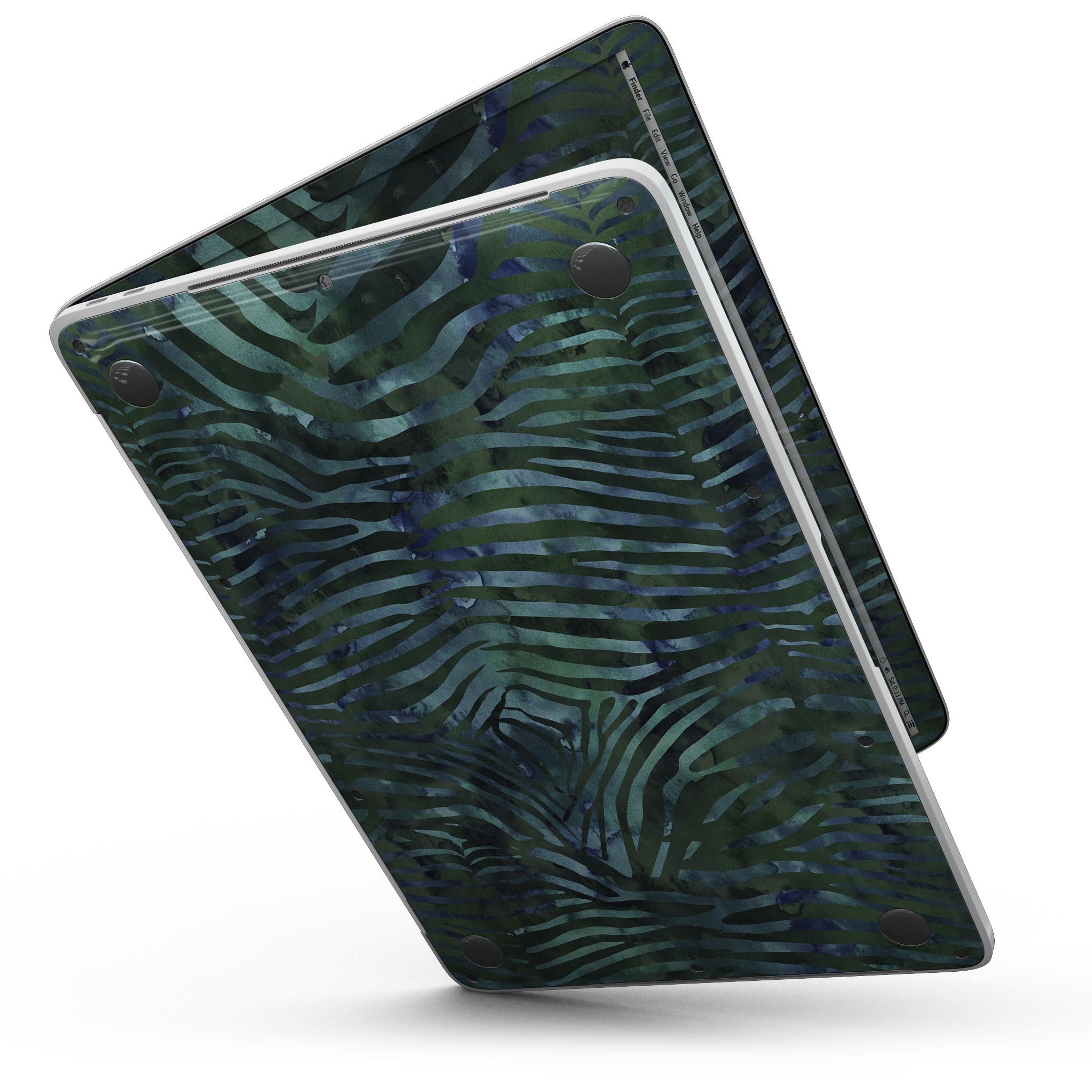 Deep Green and Blue Watercolor Zebra Pattern skin for MacBook Pro with Touch Bar, showcasing vibrant colors and unique design.