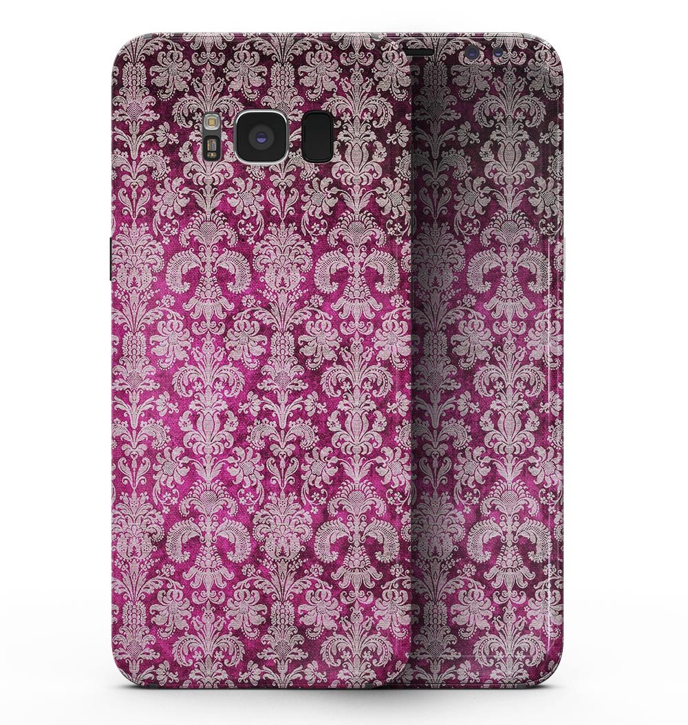 Deep Magenta Damask Pattern skin for Samsung Galaxy S8, showcasing vibrant design and precise cutouts for buttons and ports.