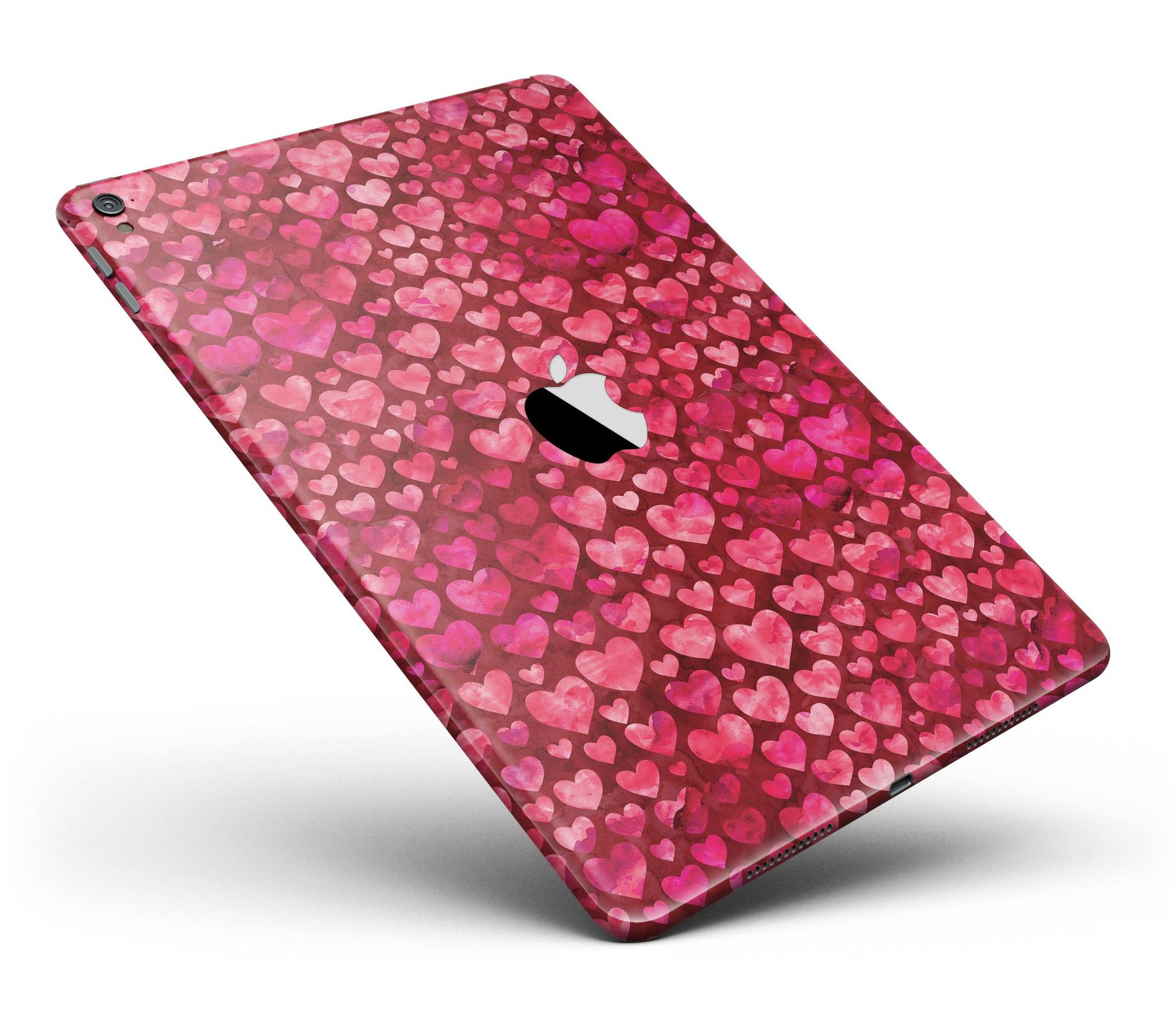 Deep Pink Watercolor Hearts Full Body Skin for iPad Pro, showcasing vibrant heart designs on a sleek vinyl surface.