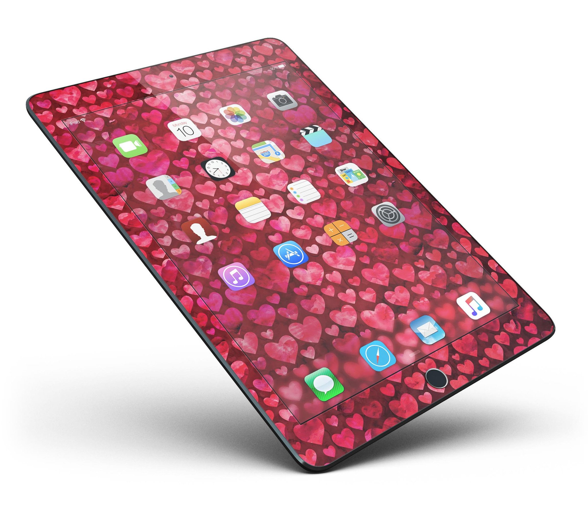 Deep Pink Watercolor Hearts Full Body Skin for iPad Pro, showcasing vibrant heart designs on a sleek vinyl surface.