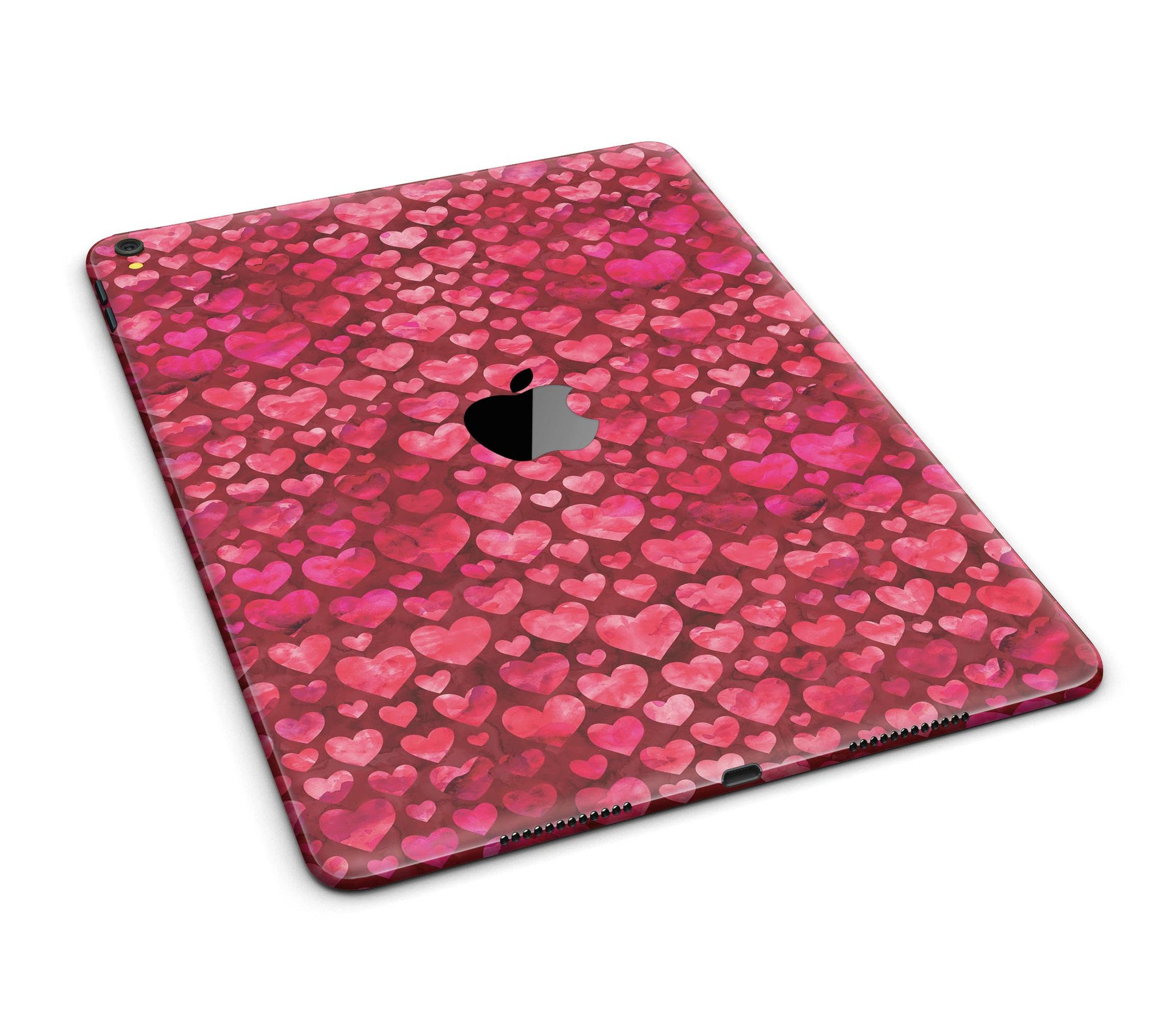 Deep Pink Watercolor Hearts Full Body Skin for iPad Pro, showcasing vibrant heart designs on a sleek vinyl surface.