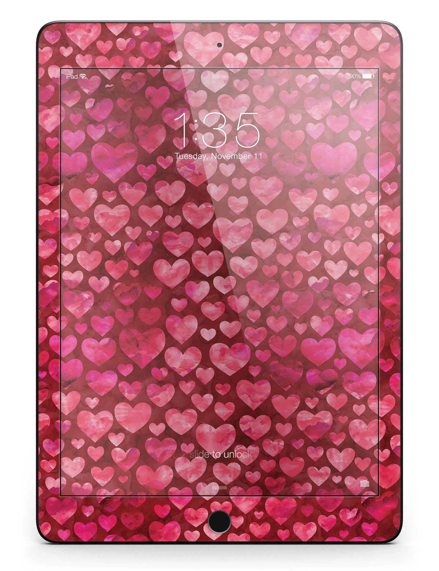 Deep Pink Watercolor Hearts Full Body Skin for iPad Pro, showcasing vibrant heart designs on a sleek vinyl surface.