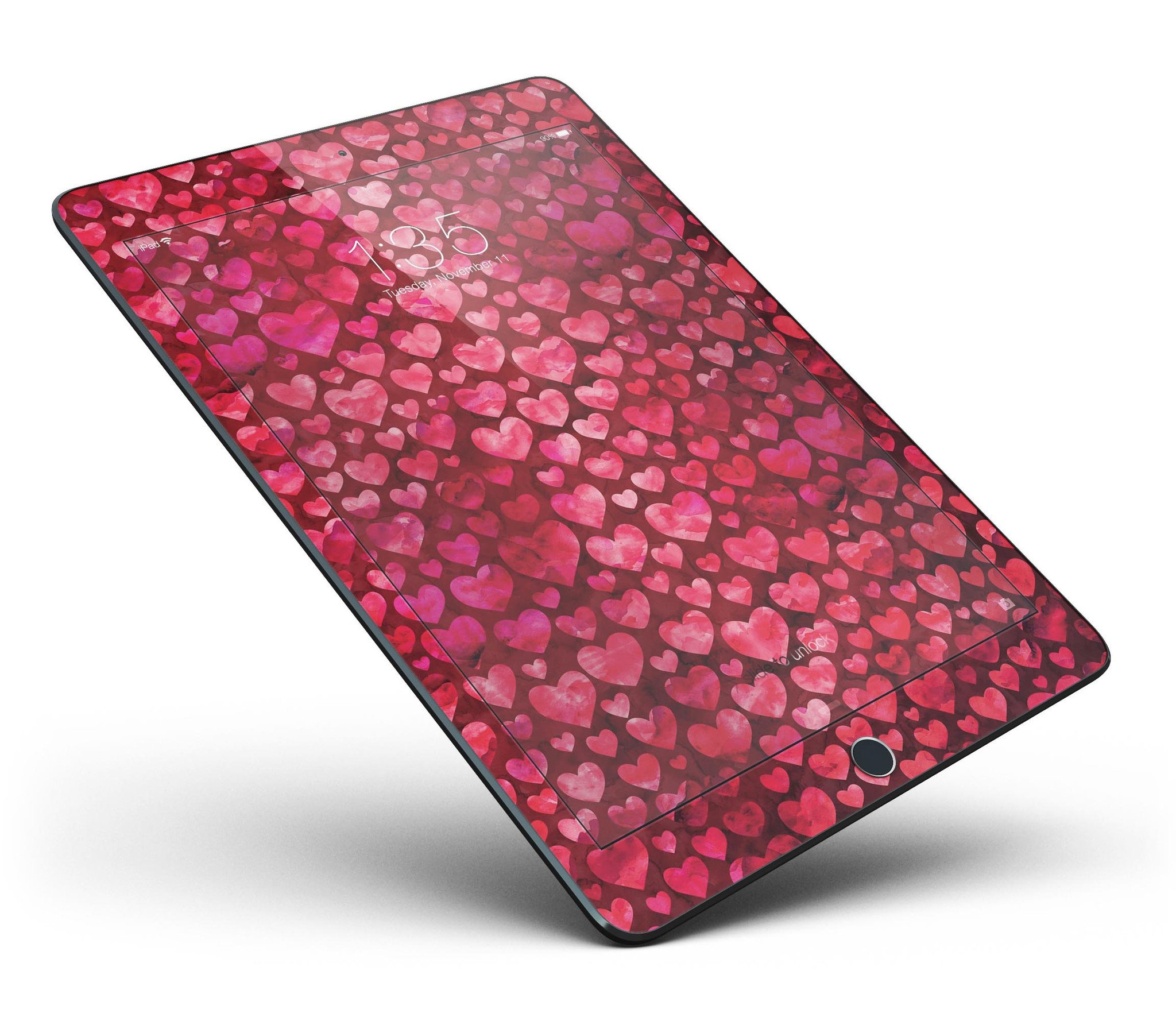 Deep Pink Watercolor Hearts Full Body Skin for iPad Pro, showcasing vibrant heart designs on a sleek vinyl surface.