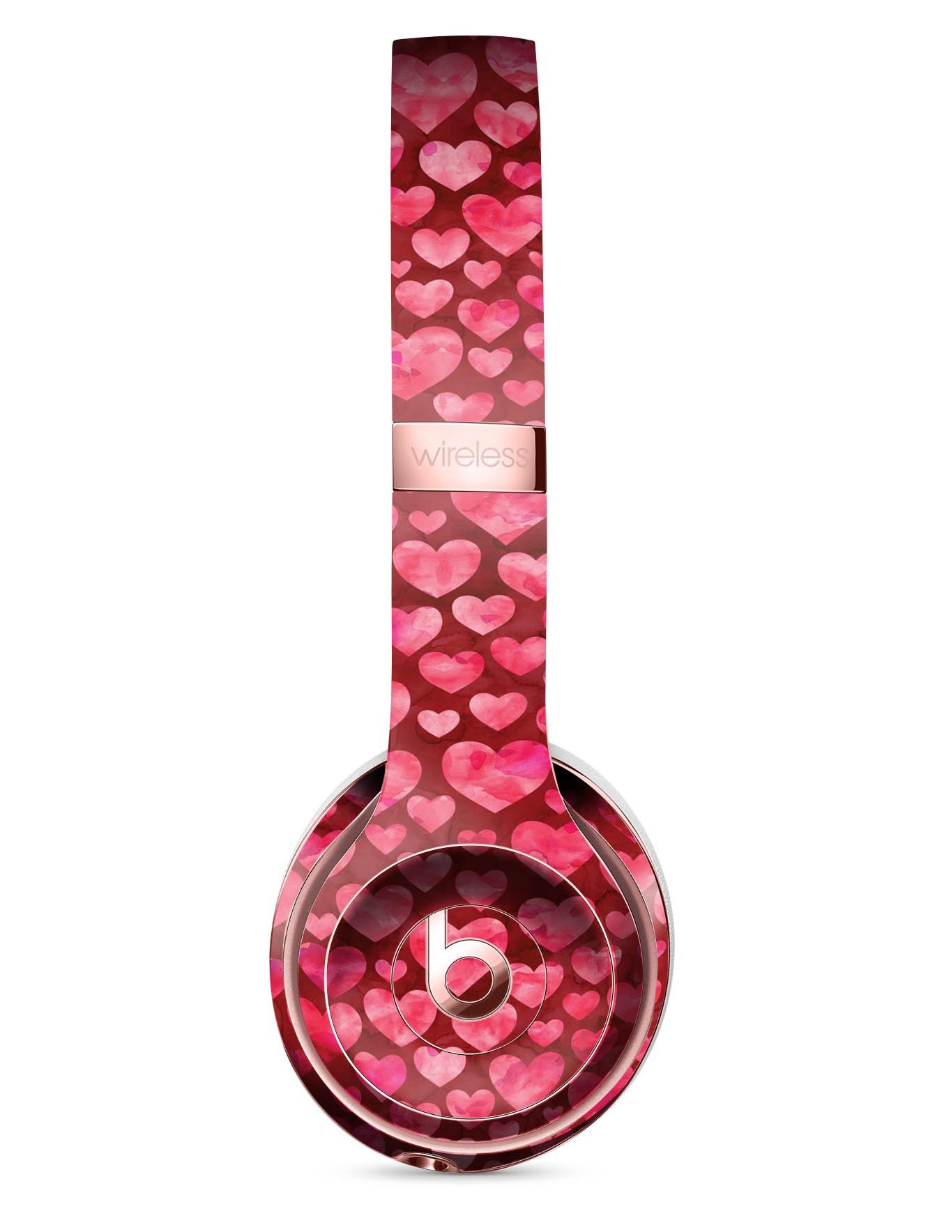 Deep Pink Watercolor Hearts Skin Kit for Beats by Dre Solo 3 Wireless Headphones, showcasing vibrant colors and artistic design.