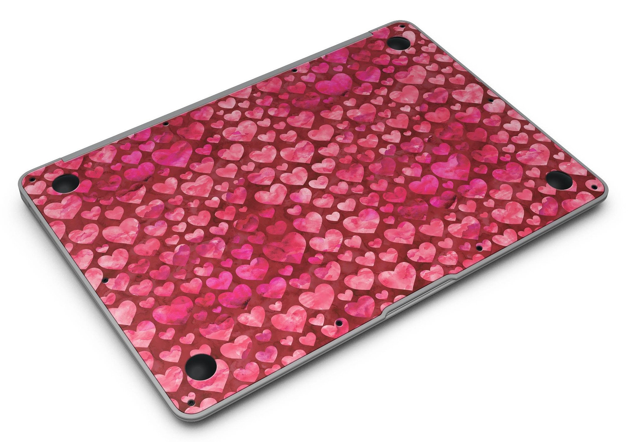 Deep Pink Watercolor Hearts MacBook Air Skin Kit showcasing vibrant heart patterns on a sleek laptop surface.