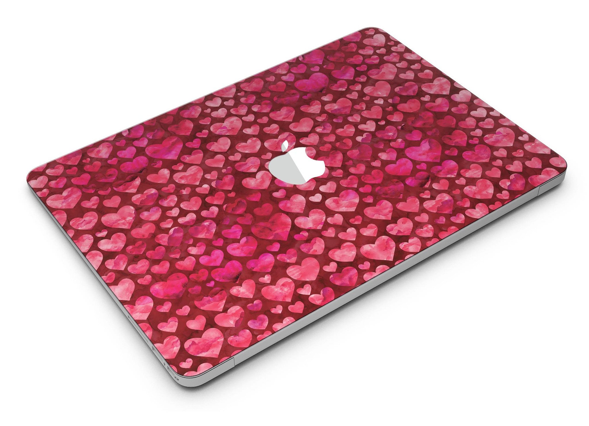 Deep Pink Watercolor Hearts MacBook Air Skin Kit showcasing vibrant heart patterns on a sleek laptop surface.