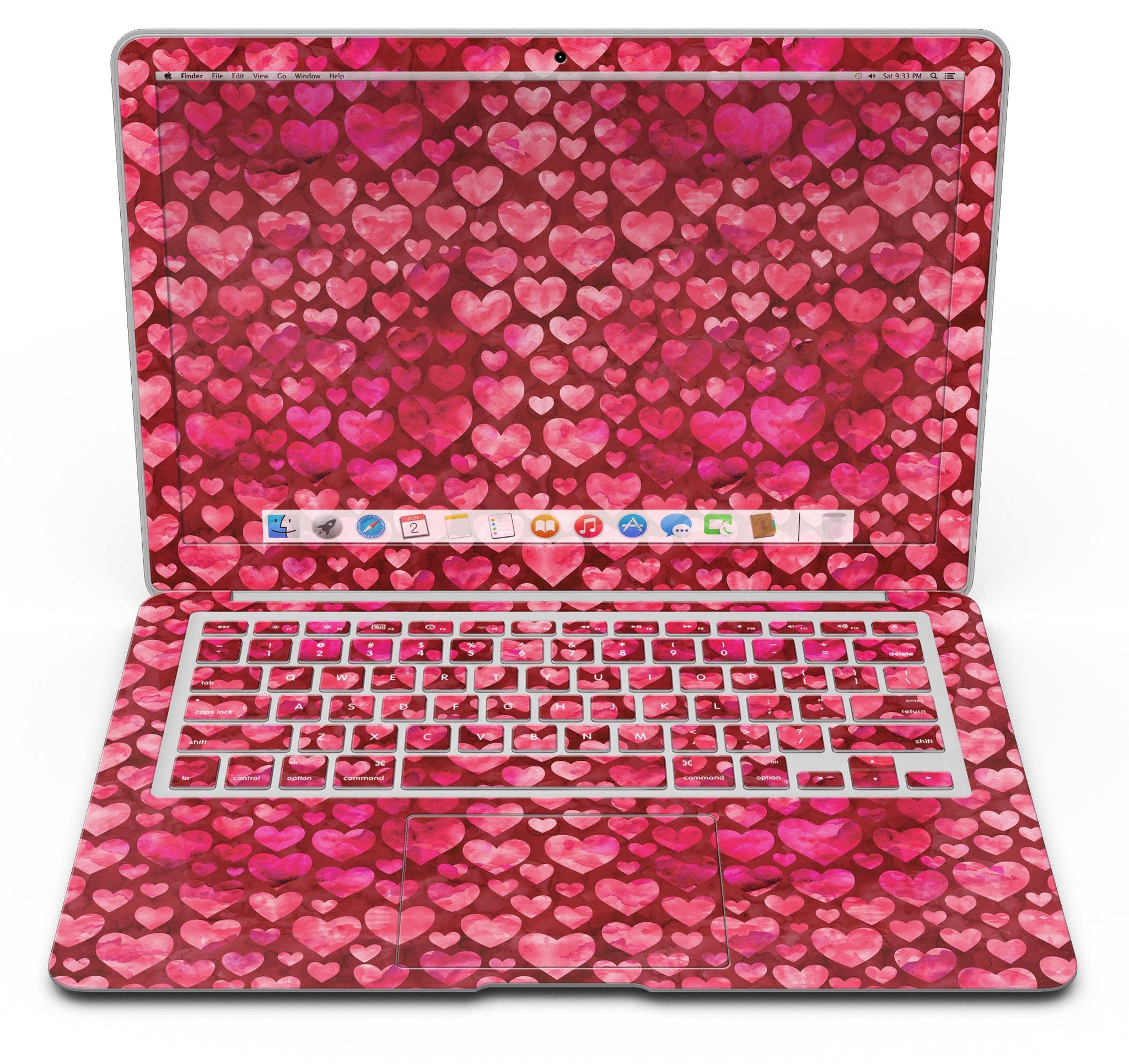 Deep Pink Watercolor Hearts MacBook Air Skin Kit showcasing vibrant heart patterns on a sleek laptop surface.