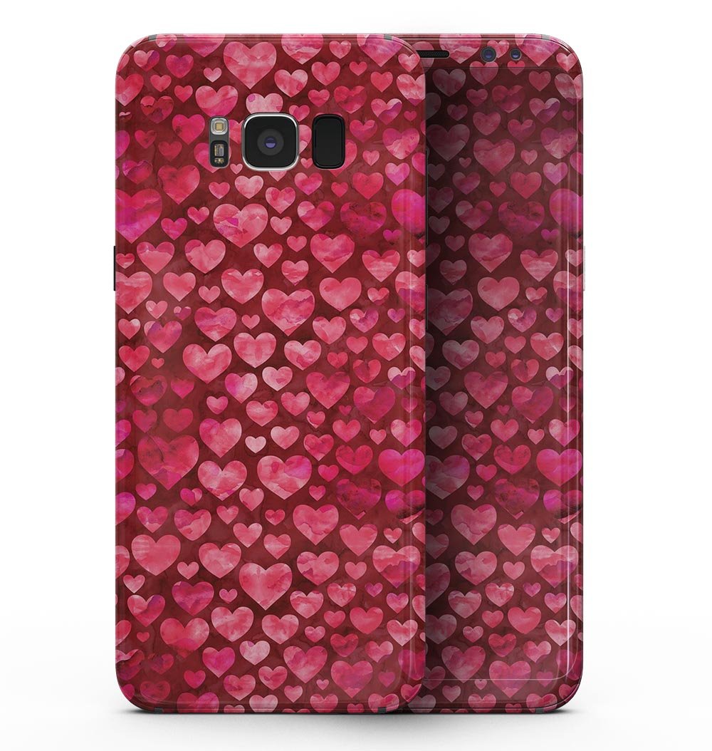 Deep Pink Watercolor Hearts skin for Samsung Galaxy S8, showcasing vibrant colors and a sleek design.